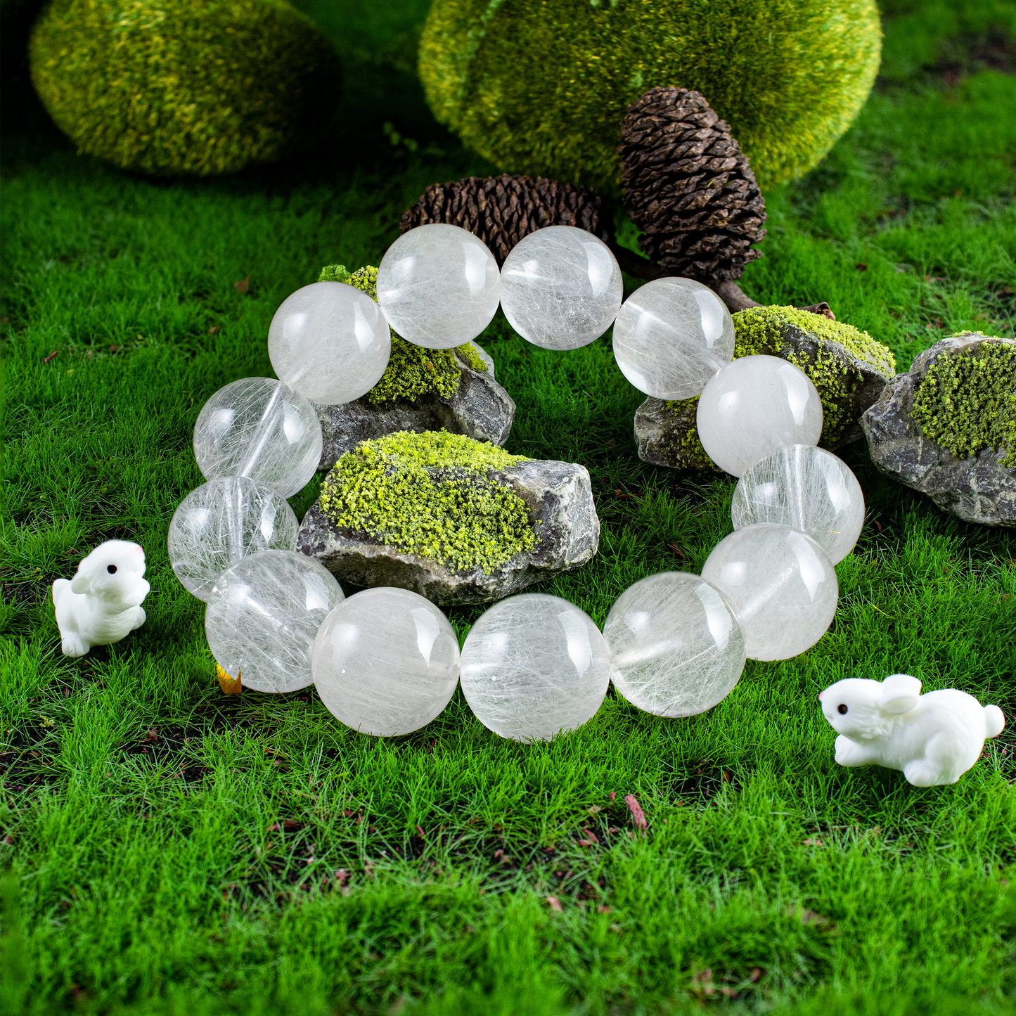 Auralyn Custom — White Rabbit-Hair Rutilated Quartz Bracelet | 14–15mm “White Steel-Wire” Clear Crystal Beads | Handmade Energy Jewelry for Clarity, Calm Confidence & Minimal Elegance