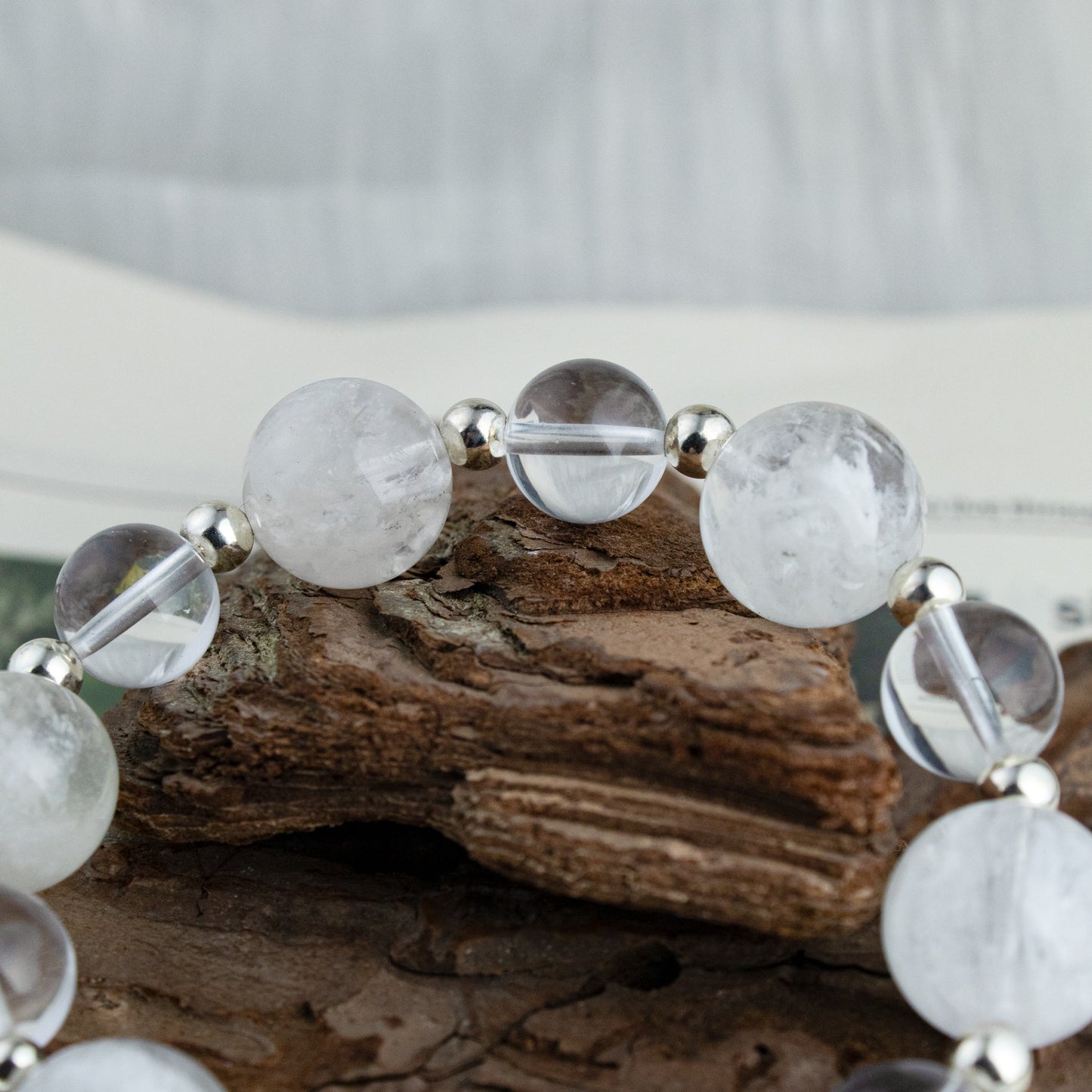 Auralyn Custom Snow-Phantom Quartz & Clear Quartz Bracelet, 13–14mm Natural “Snowflake” Phantom Beads with Minimal Silver Accents, Handmade Energy Jewelry for Clarity, Calm & Renewal