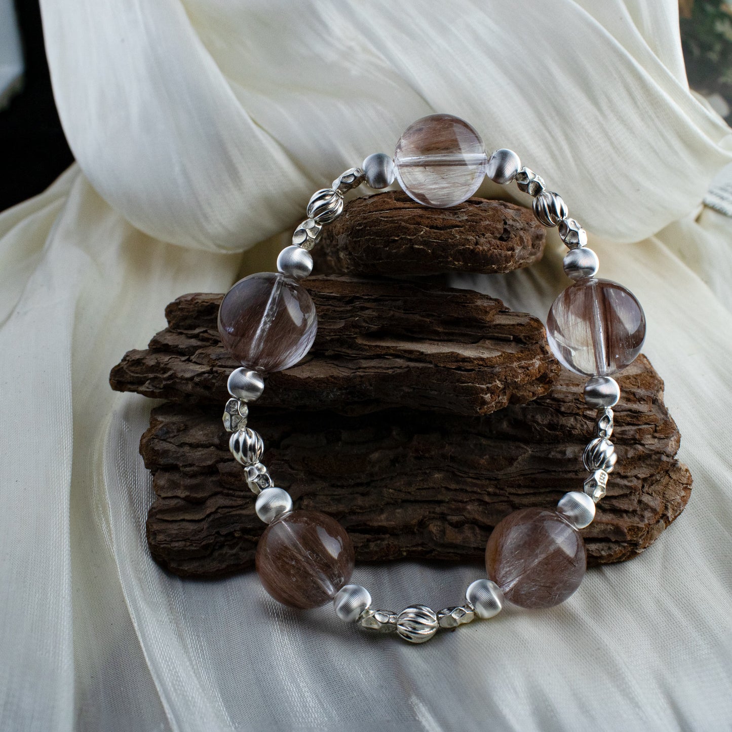 Custom Pink-Purple Rabbit-Hair Rutilated Quartz Bracelet, 15–16mm Beads with Sterling Silver Spacers, Handmade Energy Jewelry for Love, Clarity & Elegant Glow