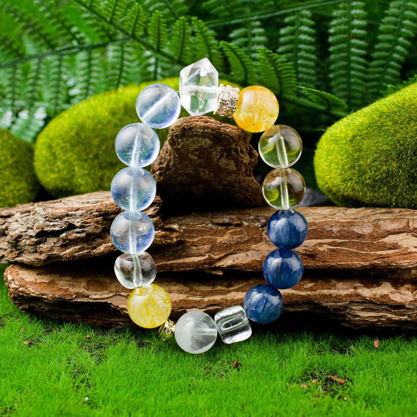 Auralyn Tarot Temperance Blue–Gold Crystal Bracelet, 13–14mm Kyanite, Aquamarine, White Phantom & Citrine with Golden Flower Agate, Herkimer-Style Irregular & Sugar-Cube Accents, Gold-Plated Spacers, Handmade Energy Jewelry