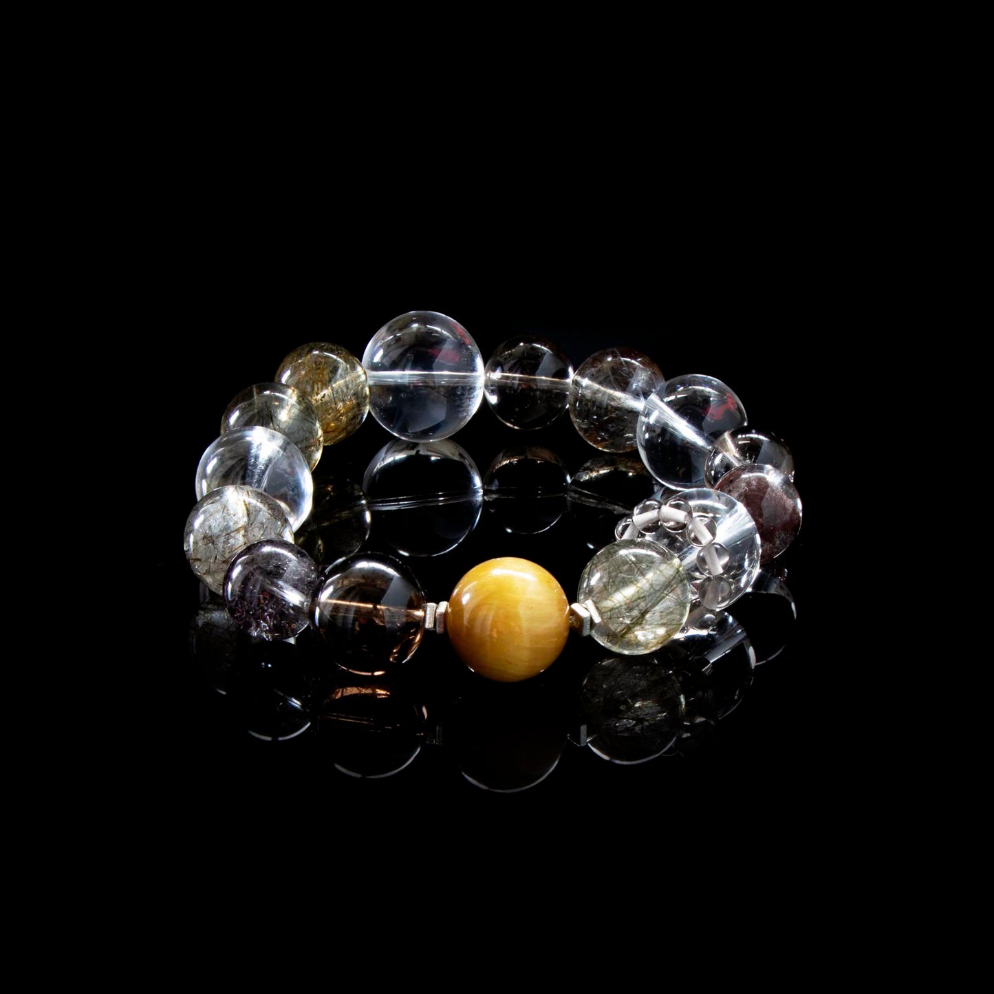 Tiger’s Eye Crystal Bracelet with Green Rutilated Quartz, Copper Rutilated Quartz, Clear Quartz & Smoky Quartz – Strength, Clarity & Protection