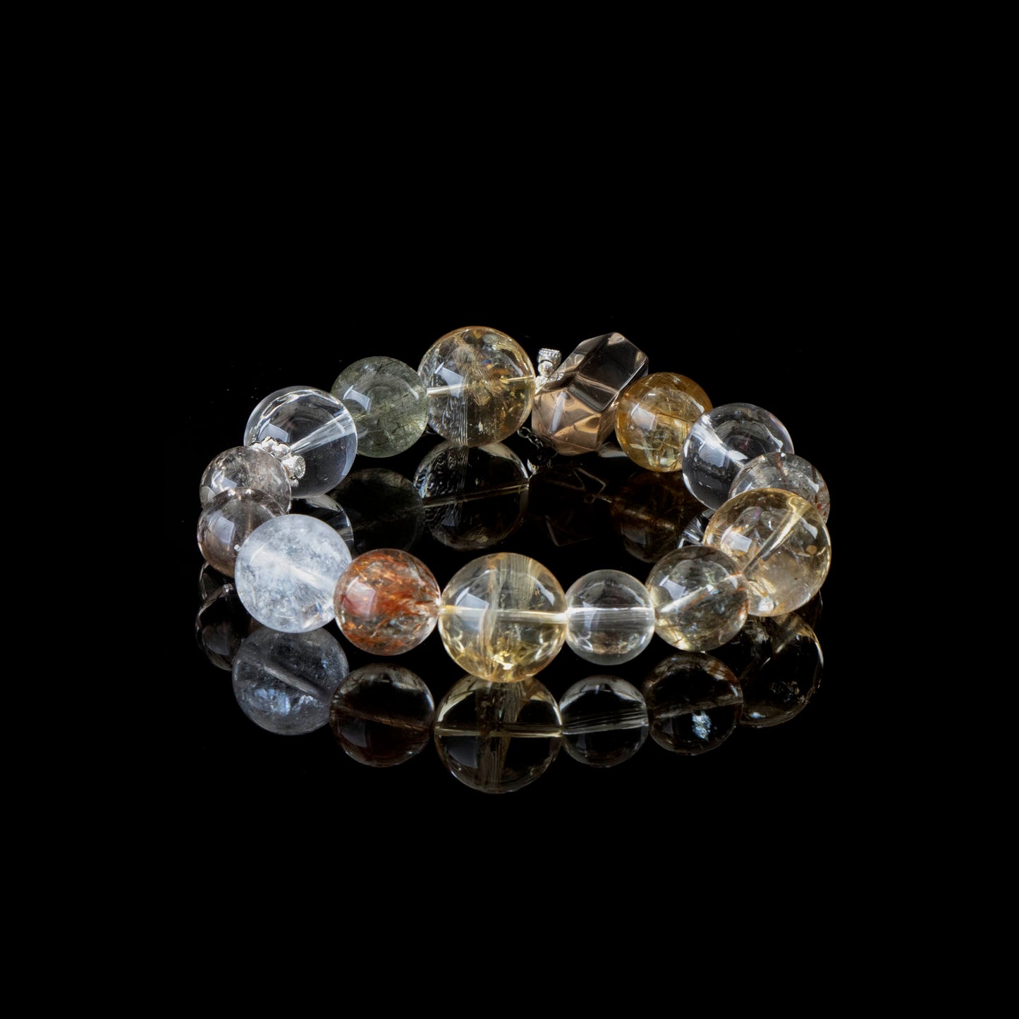 “Harmony of Elements”Crystal Healing Bracelet with Clear Quartz, Citrine, Smoky Quartz, Red Rutilated Quartz & Green Rutilated Quartz – Balance, Energy & Prosperity with 925 Silver