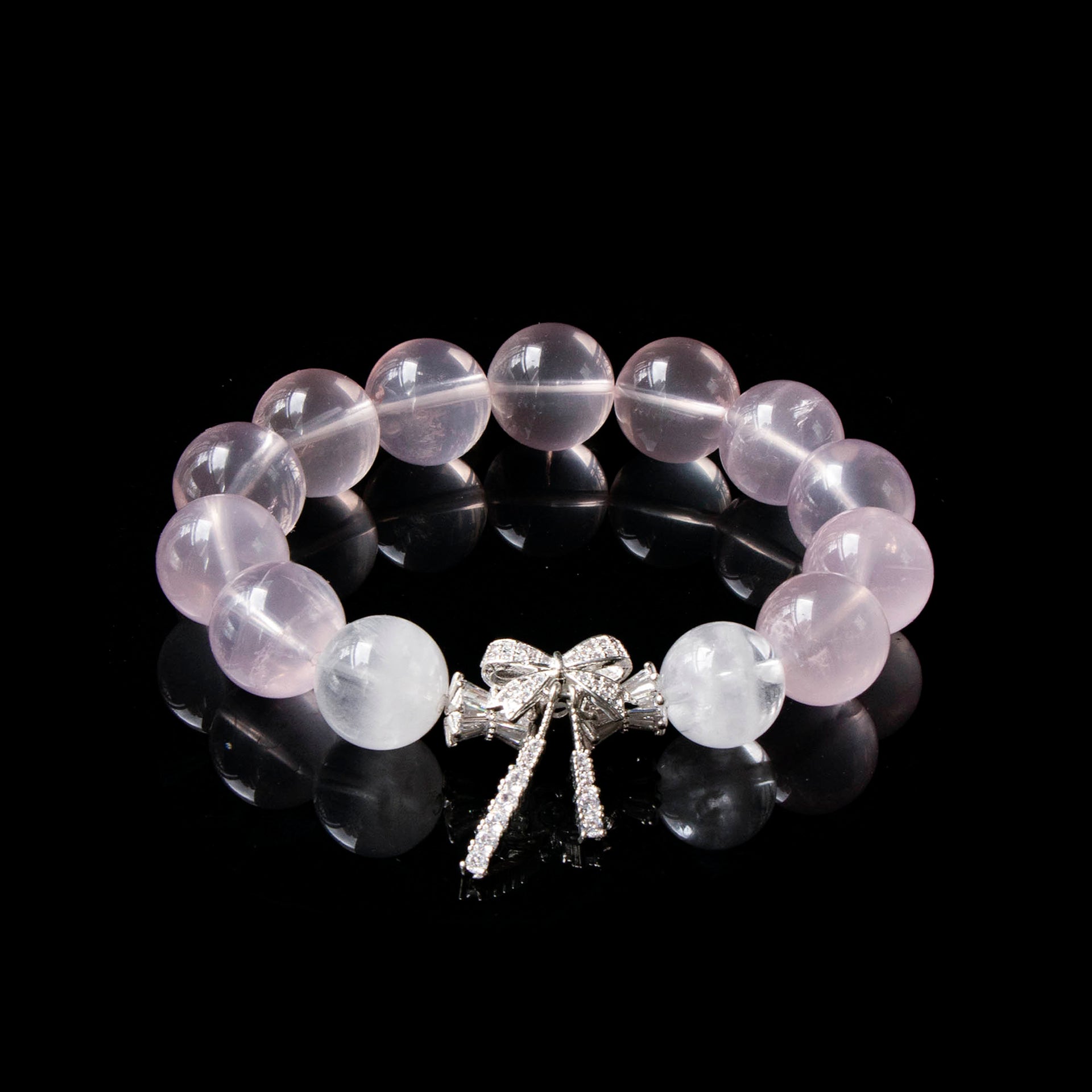 Auralyn Fluttering Bloom Rose Quartz & White Phantom Crystal Bracelet with Silver Butterfly Charm, 13–14mm Feminine Handmade Jewelry for Love, Healing & Daily Outfits