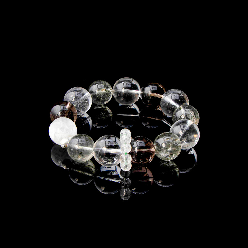 Auralyn Life Rhythm Clarity Momentum Crystal Bracelet, 14–16mm Tourmaline Rutilated Quartz with Clear Quartz, Smoky Quartz & White Phantom, Clear Quartz Runner Ring, Handmade Energy Jewelry