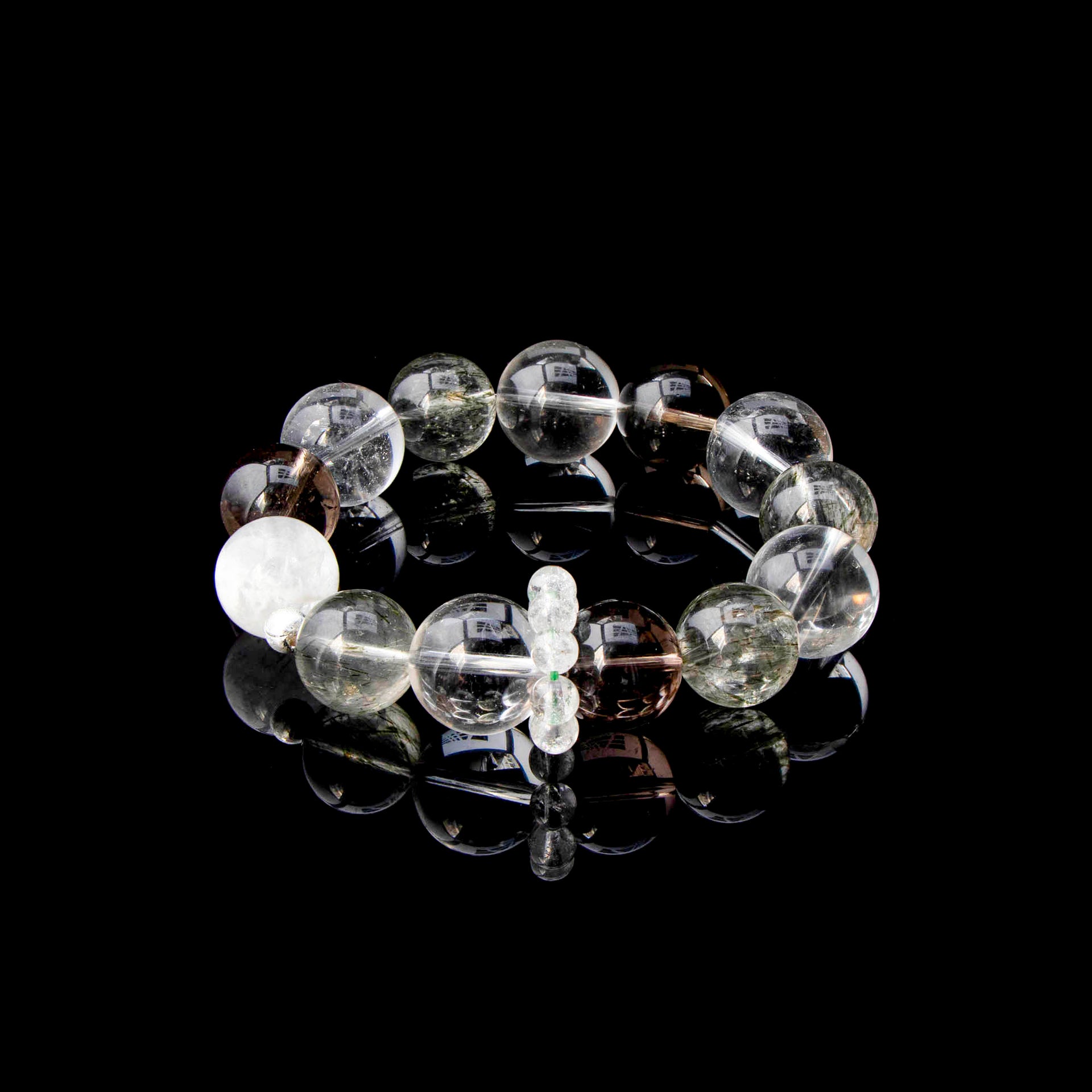 Auralyn Life Rhythm Clarity Momentum Crystal Bracelet, 14–16mm Tourmaline Rutilated Quartz with Clear Quartz, Smoky Quartz & White Phantom, Clear Quartz Runner Ring, Handmade Energy Jewelry
