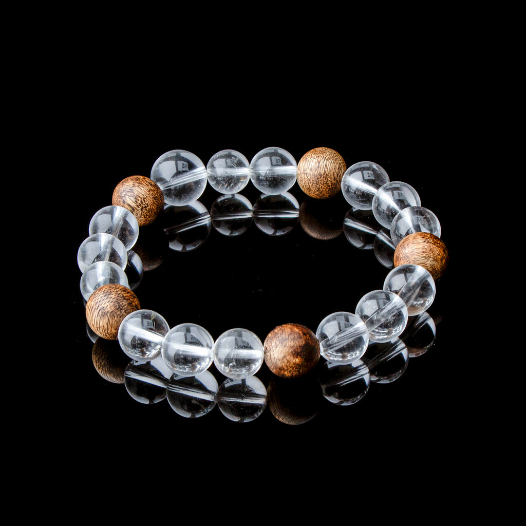 Auralyn Tarot The Hermit Clear Quartz Crystal Bracelet, 11–12mm Clear Quartz with 5 Evenly Spaced Agarwood Beads (Subtle Aroma), Handmade Meditation & Energy Jewelry for Clarity, Calm and Intention