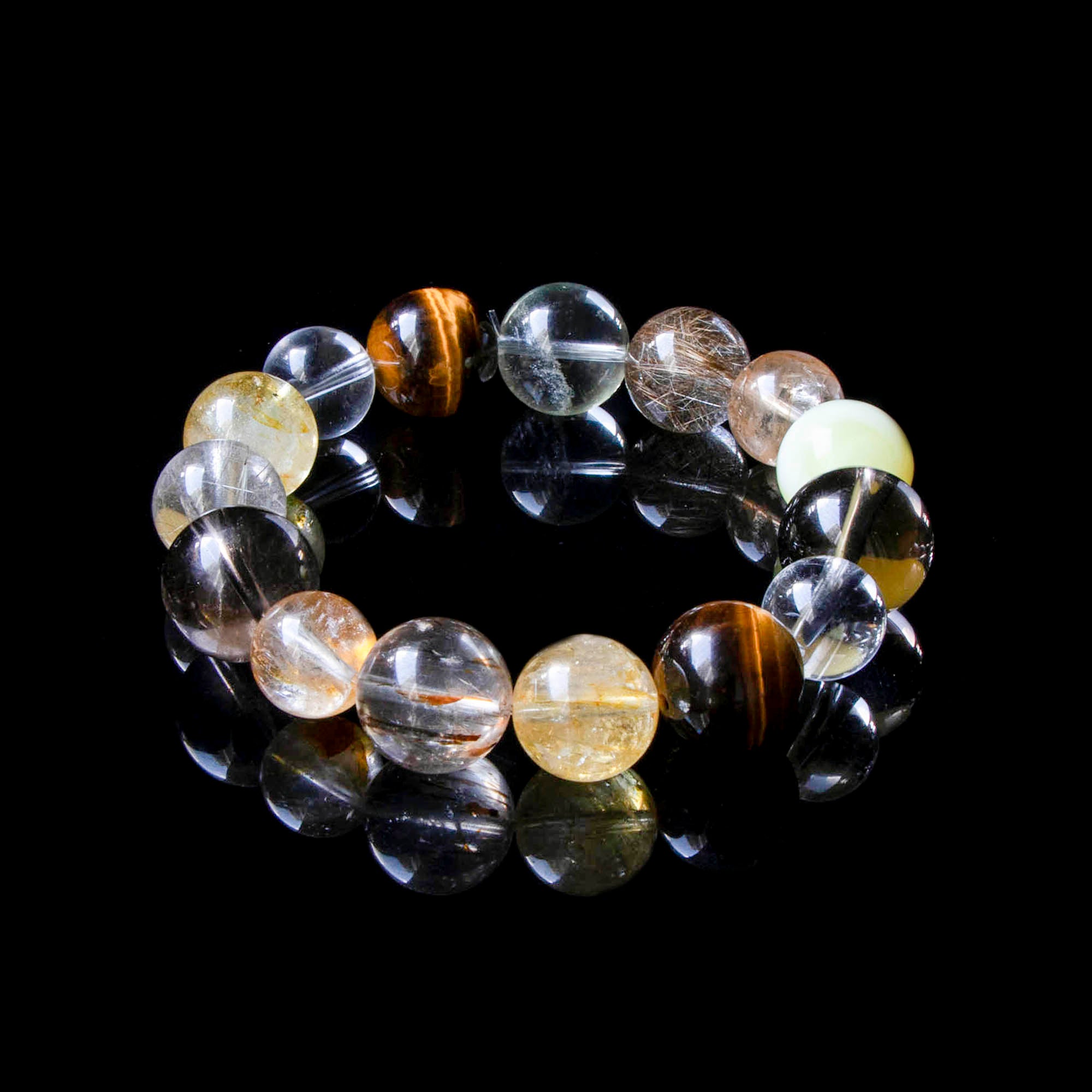 Auralyn Life Rhythm Ground & Glow Crystal Bracelet, 13–14mm Smoky Quartz, Green Quartz, Actinolite & Tourmaline Rutilated Quartz, Flower Agate, Amber, Tiger’s Eye & Red Rutilated, Handmade Energy Jewelry