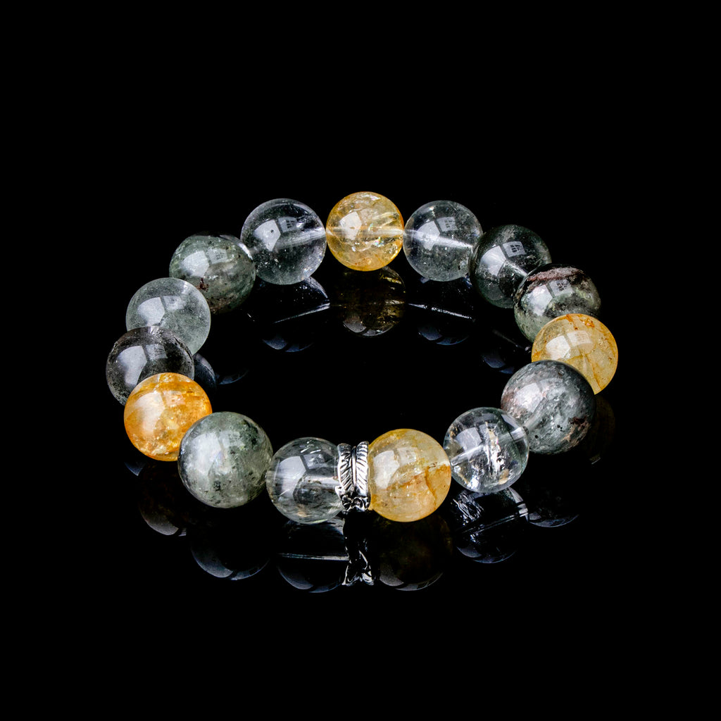 Auralyn Tarot The Empress Green Phantom Crystal Bracelet, 13–14mm Garden Quartz with Impression Jasper, Golden Flower Agate & Tourmaline Rutilated Quartz, Silver Feather Spacer, Handmade Energy Jewelry