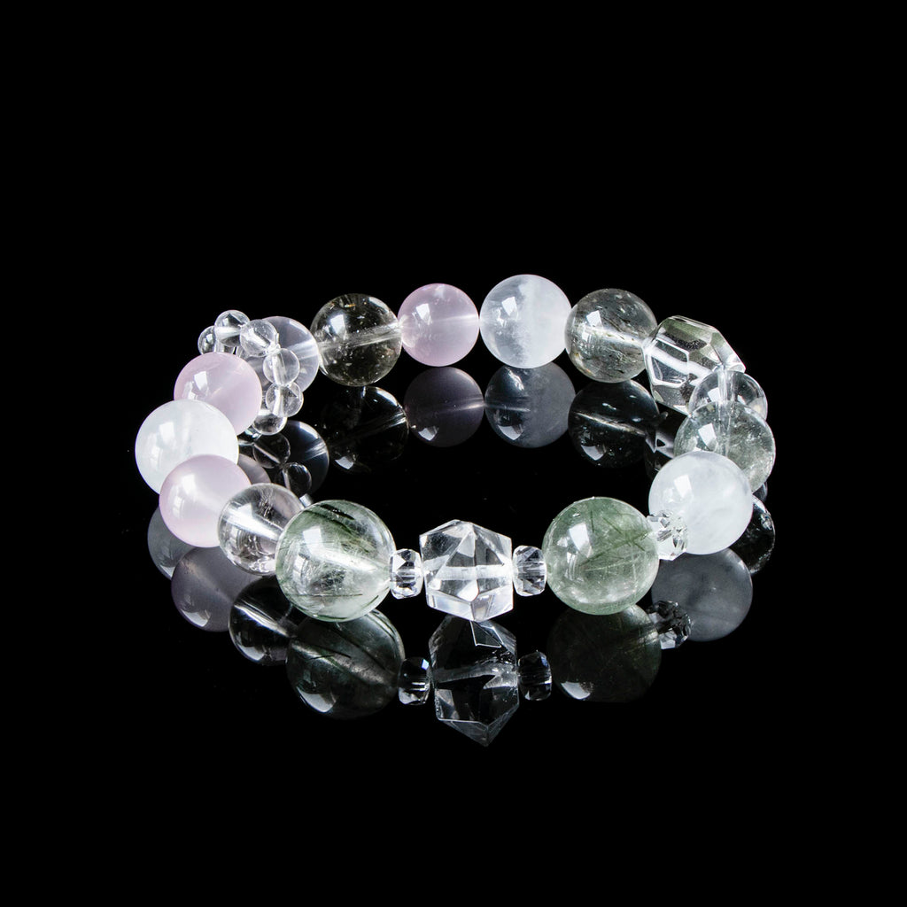 Auralyn Garden of Light Crystal Bracelet, 13–14mm White Phantom, Rose Quartz, Green Phantom, Green Rutilated & Tourmaline Rutilated Quartz with Clear Quartz Spacers, Handmade Energy Jewelry