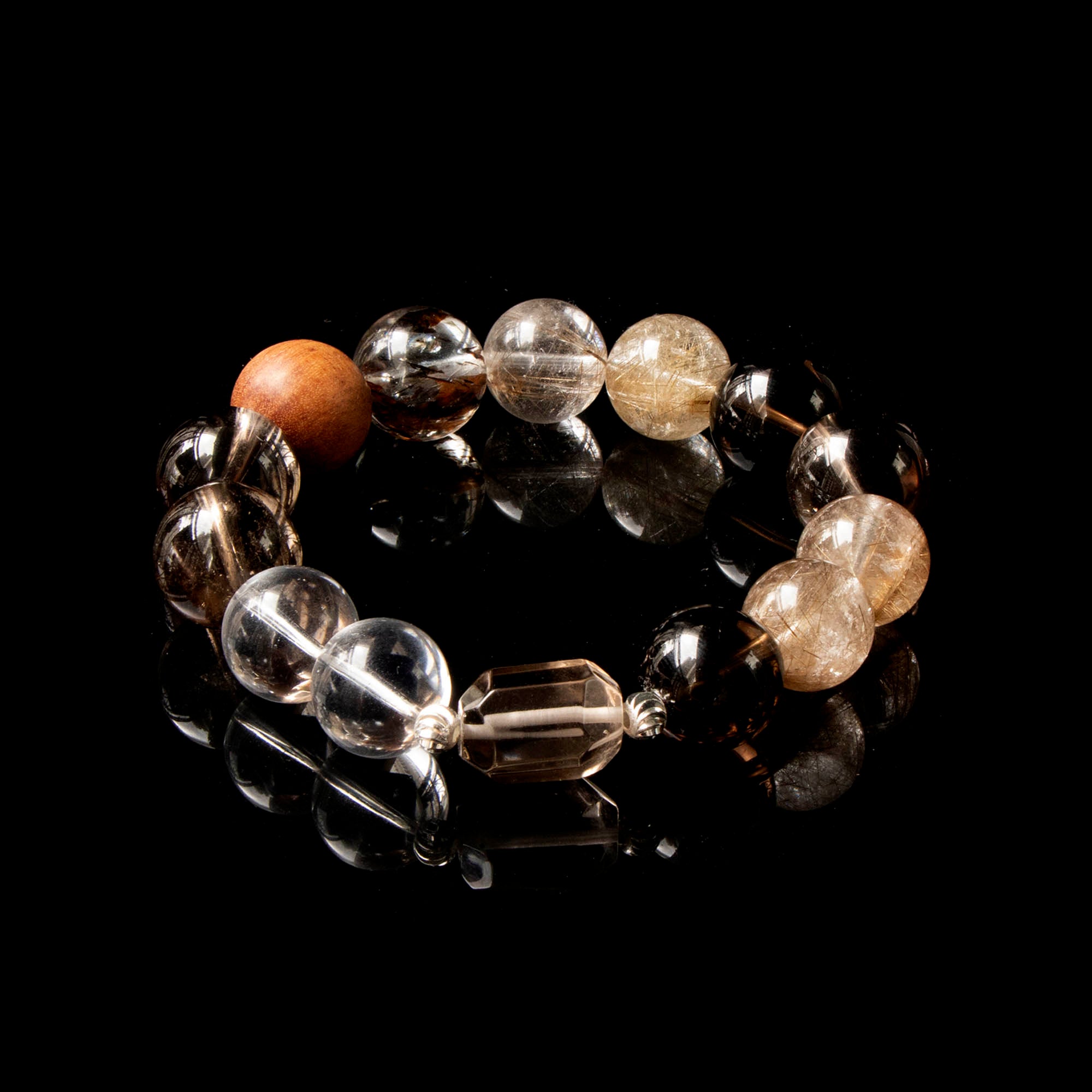Auralyn Life Rhythm Smoky Quartz Crystal Bracelet, 13–14mm Smoky Quartz, Silver & Venus Rutilated Quartz with Clear Quartz and Wood Bead, Handmade Energy Jewelry