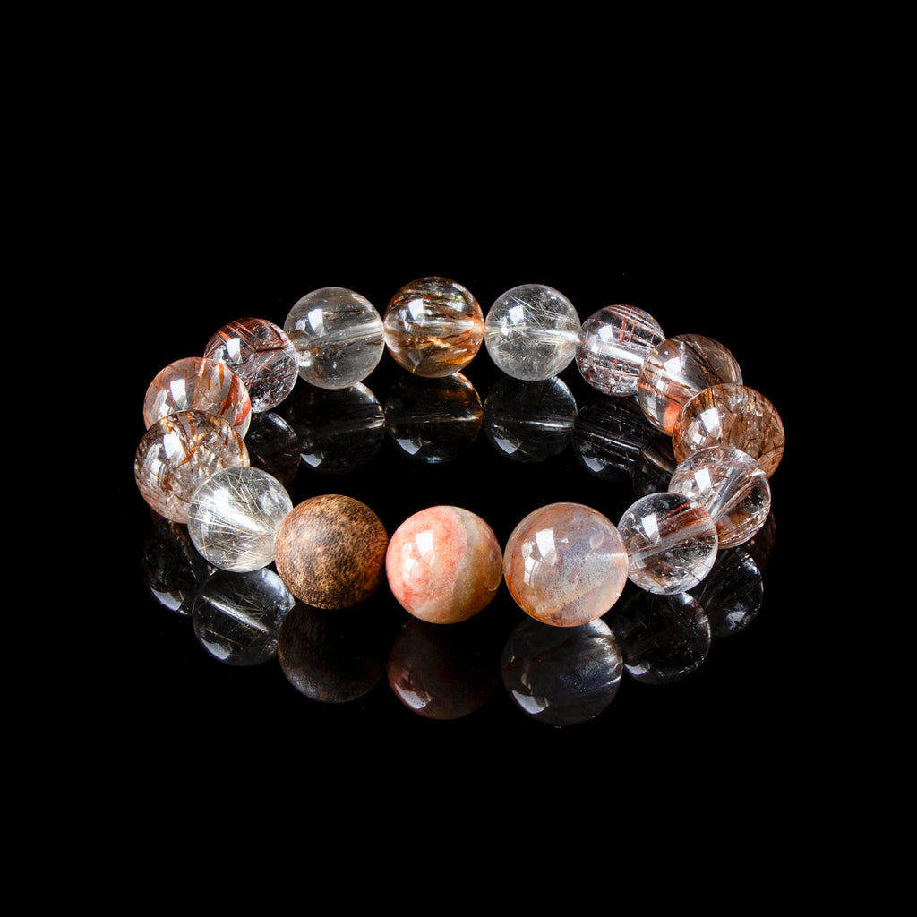 Auralyn Life Rhythm Blooming Flame Crystal Bracelet, 13–14mm Flower Agate, Red & Silver Rutilated Quartz with Natural Agarwood Bead (Subtle Aroma), Handmade Energy Jewelry for Love, Confidence & Grounding