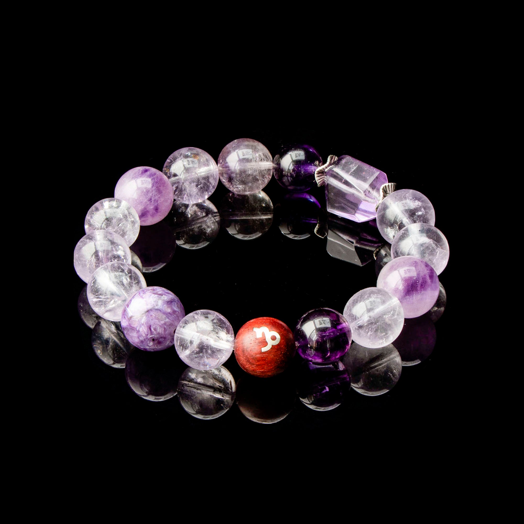 Auralyn Capricorn Amethyst Ascend Crystal Bracelet, 13–14mm Gradient Amethyst Beads with Irregular Amethyst, Tibetan Silver Spacers & Sterling Silver Capricorn Inlaid Redwood Bead, Handmade Zodiac Energy Jewelry for Wisdom & Success