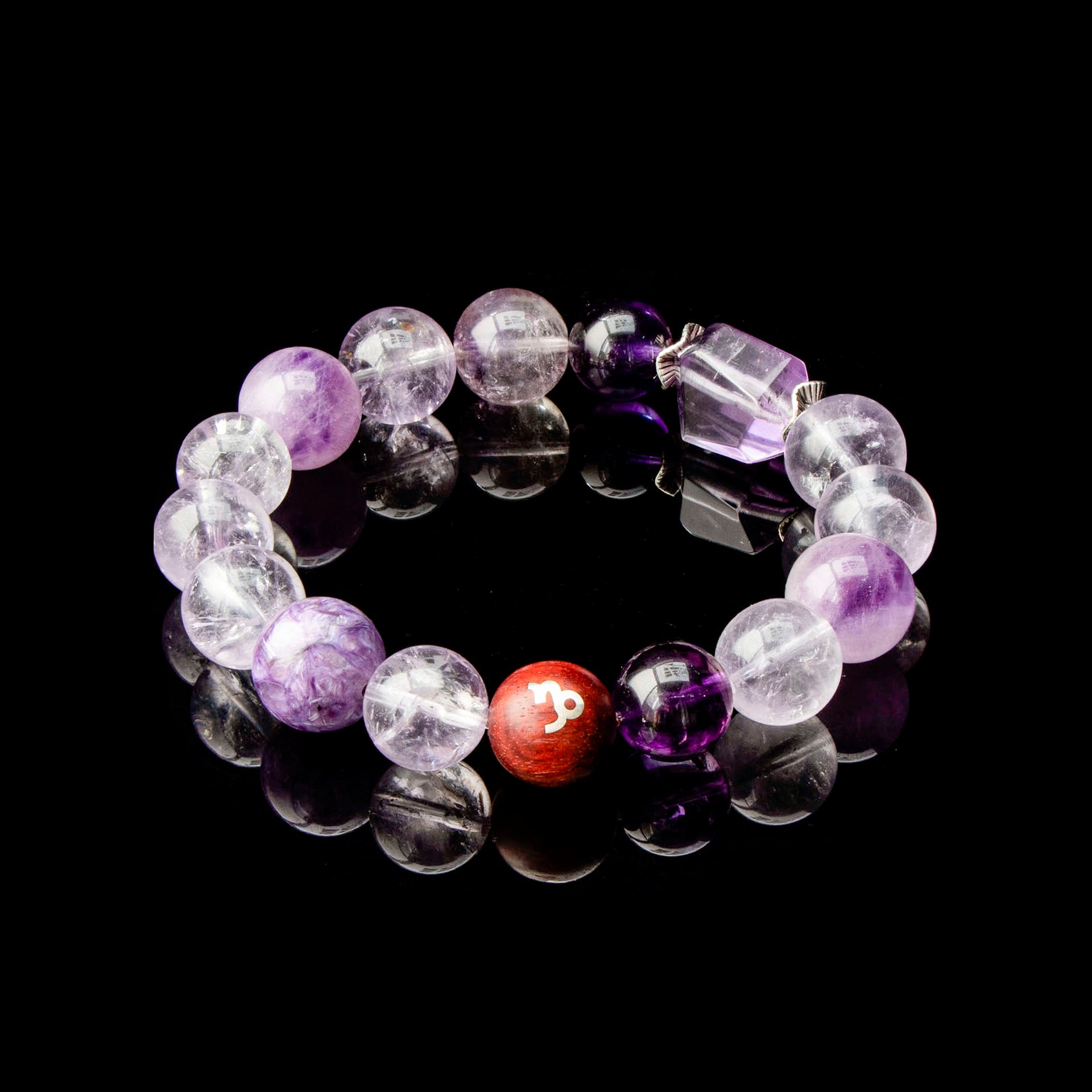 Auralyn Capricorn Amethyst Ascend Crystal Bracelet, 13–14mm Gradient Amethyst Beads with Irregular Amethyst, Tibetan Silver Spacers & Sterling Silver Capricorn Inlaid Redwood Bead, Handmade Zodiac Energy Jewelry for Wisdom & Success
