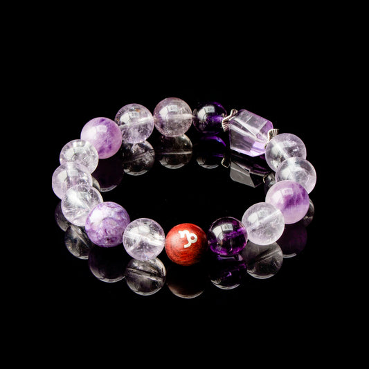 Auralyn Capricorn Amethyst Ascend Crystal Bracelet, 13–14mm Gradient Amethyst Beads with Irregular Amethyst, Tibetan Silver Spacers & Sterling Silver Capricorn Inlaid Redwood Bead, Handmade Zodiac Energy Jewelry for Wisdom & Success