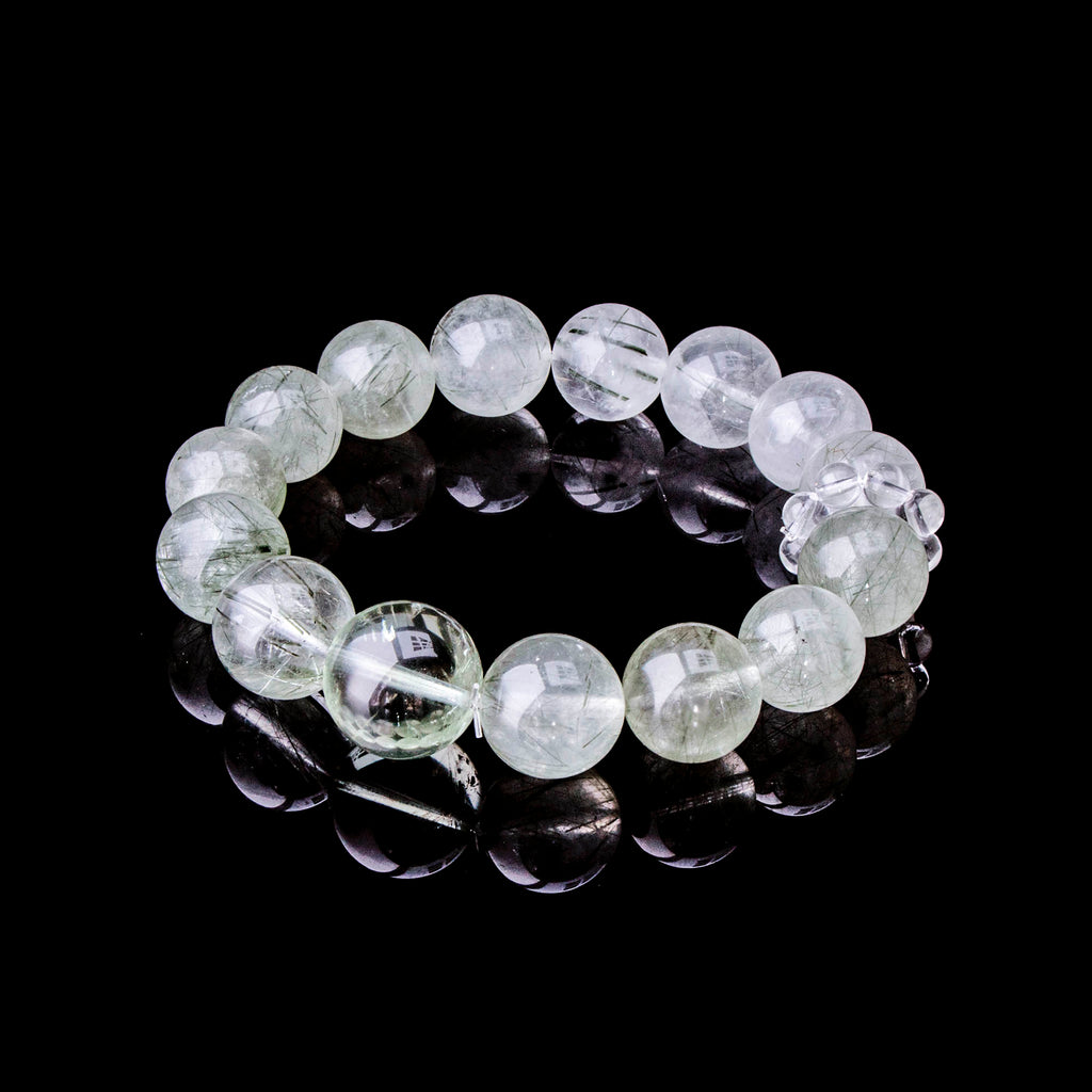 Auralyn Tarot Temperance Green Rutilated Quartz Bracelet, 13–14mm Dark & Light Green Rutilated Gradient with 16mm Green Quartz Center and Clear Quartz Runner Ring, Handmade Crystal Energy Jewelry for Balance & Growth