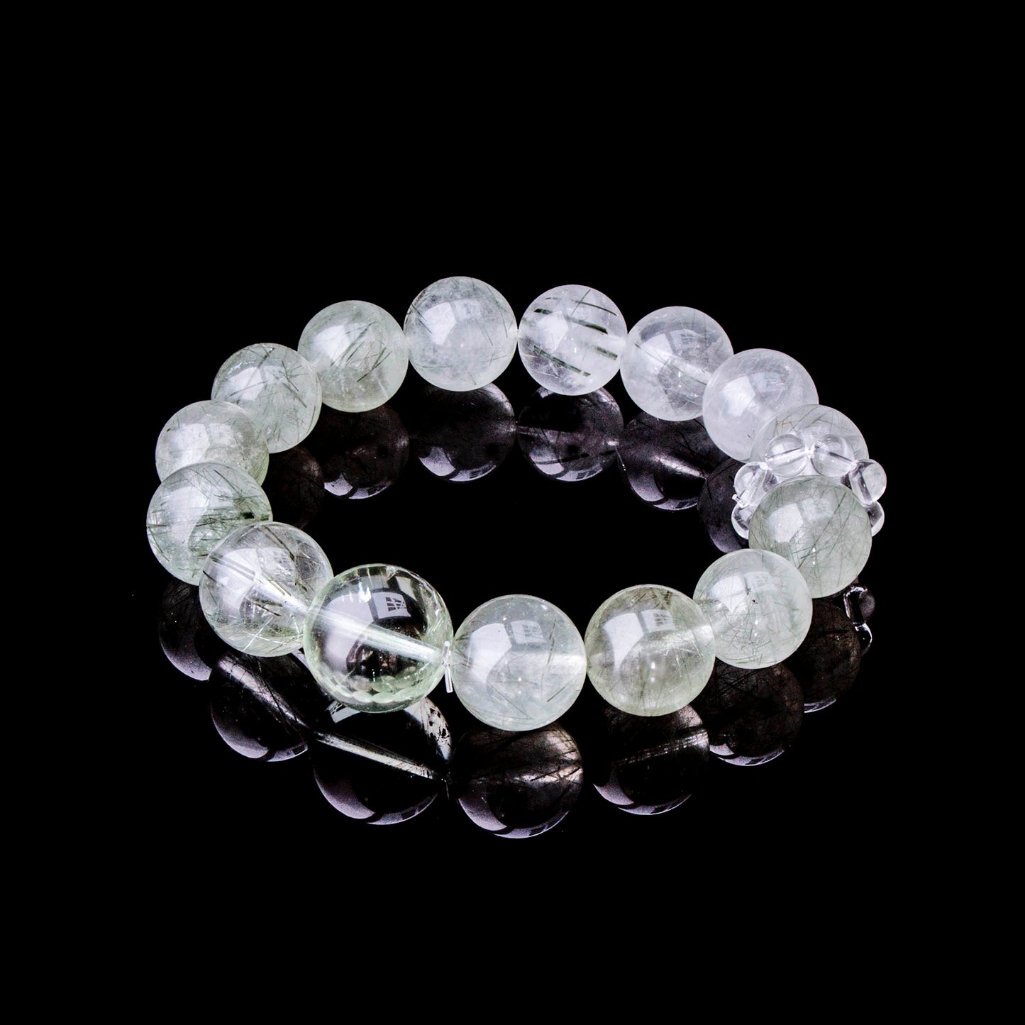 Auralyn Tarot Temperance Green Rutilated Quartz Bracelet, 13–14mm Dark & Light Green Rutilated Gradient with 16mm Green Quartz Center and Clear Quartz Runner Ring, Handmade Crystal Energy Jewelry for Balance & Growth