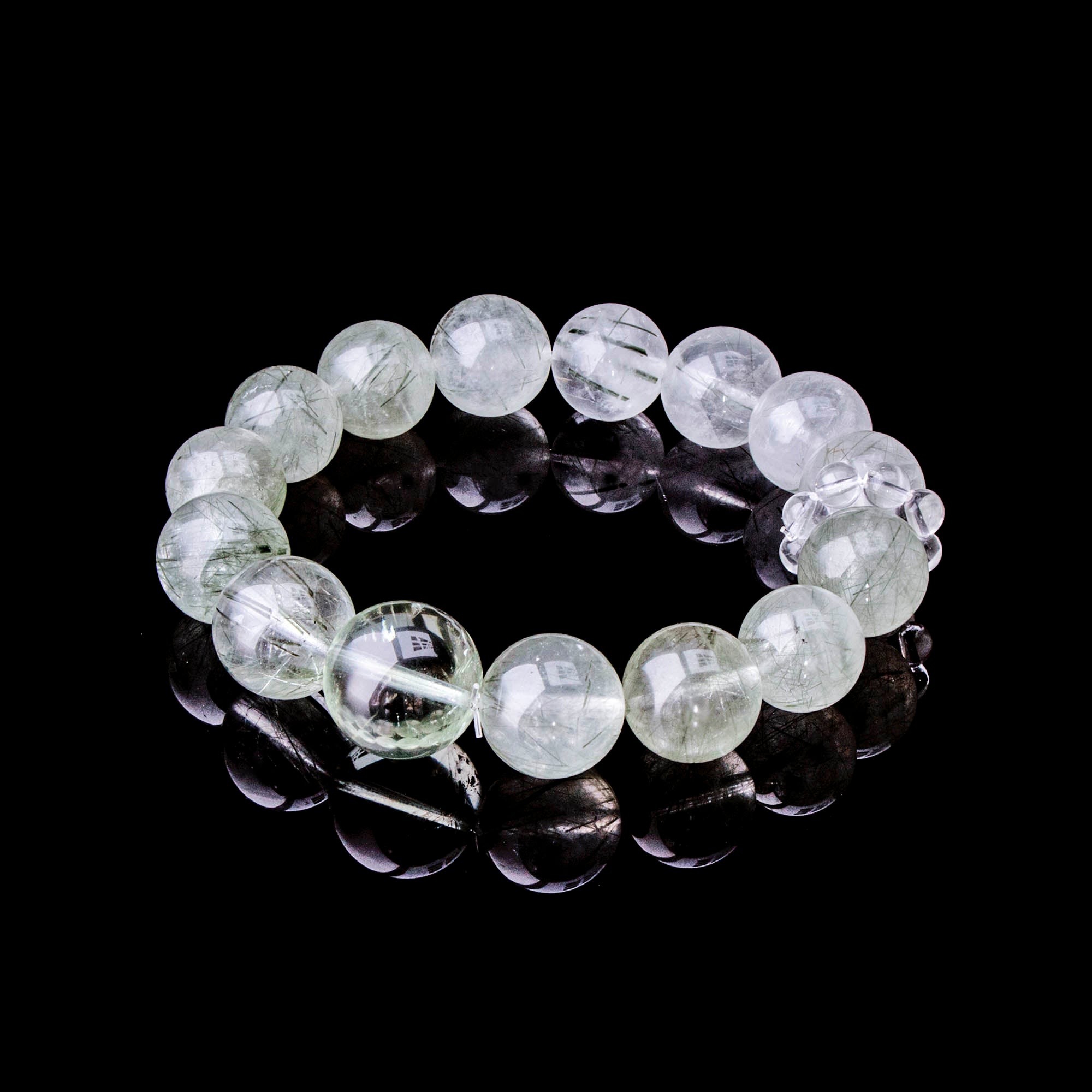 Auralyn Tarot Temperance Green Rutilated Quartz Bracelet, 13–14mm Dark & Light Green Rutilated Gradient with 16mm Green Quartz Center and Clear Quartz Runner Ring, Handmade Crystal Energy Jewelry for Balance & Growth