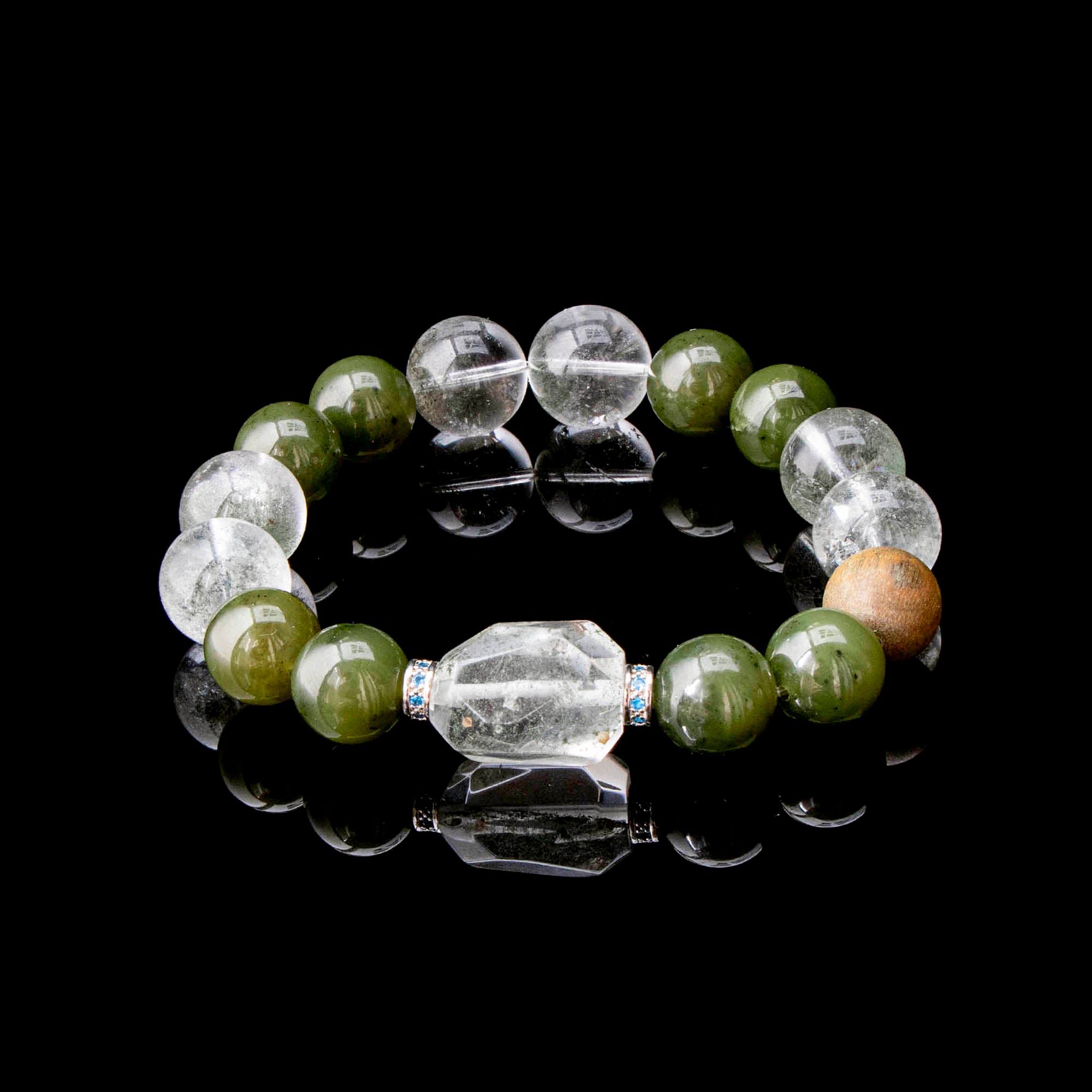Auralyn Custom Star-Garden Green Phantom Quartz Bracelet, 13–14mm Garden/“Starry” Phantom with Irregular Phantom Accent, Avocado Tone Bead & Natural Wood, Handmade Energy Jewelry for Renewal, Clarity & Grounding