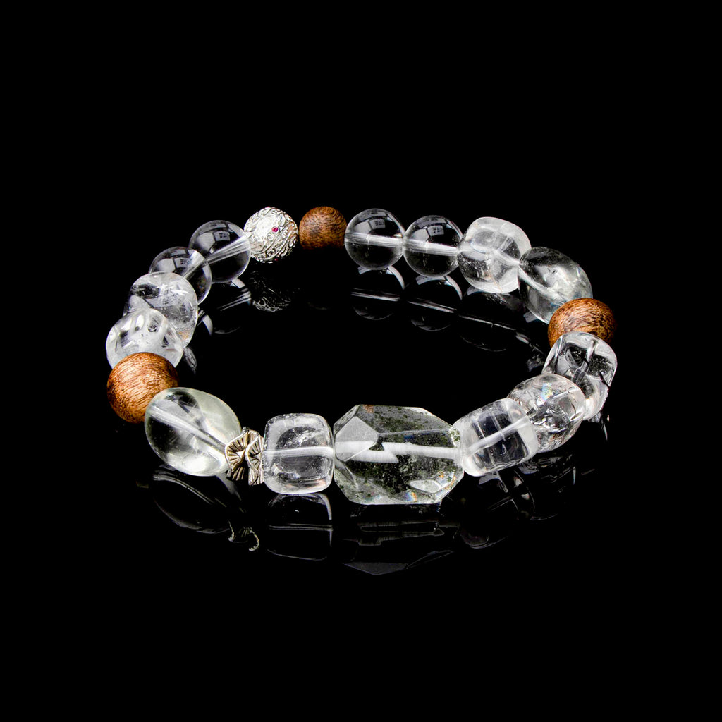 Auralyn Tarot The Star Clear & Green Quartz Crystal Bracelet, 12–13mm Clear Quartz with Oval Green Quartz, Irregular Green Phantom & Herkimer-Style Cube, Agarwood Bead, Tibetan Silver & Silver-Plated Accents, Handmade