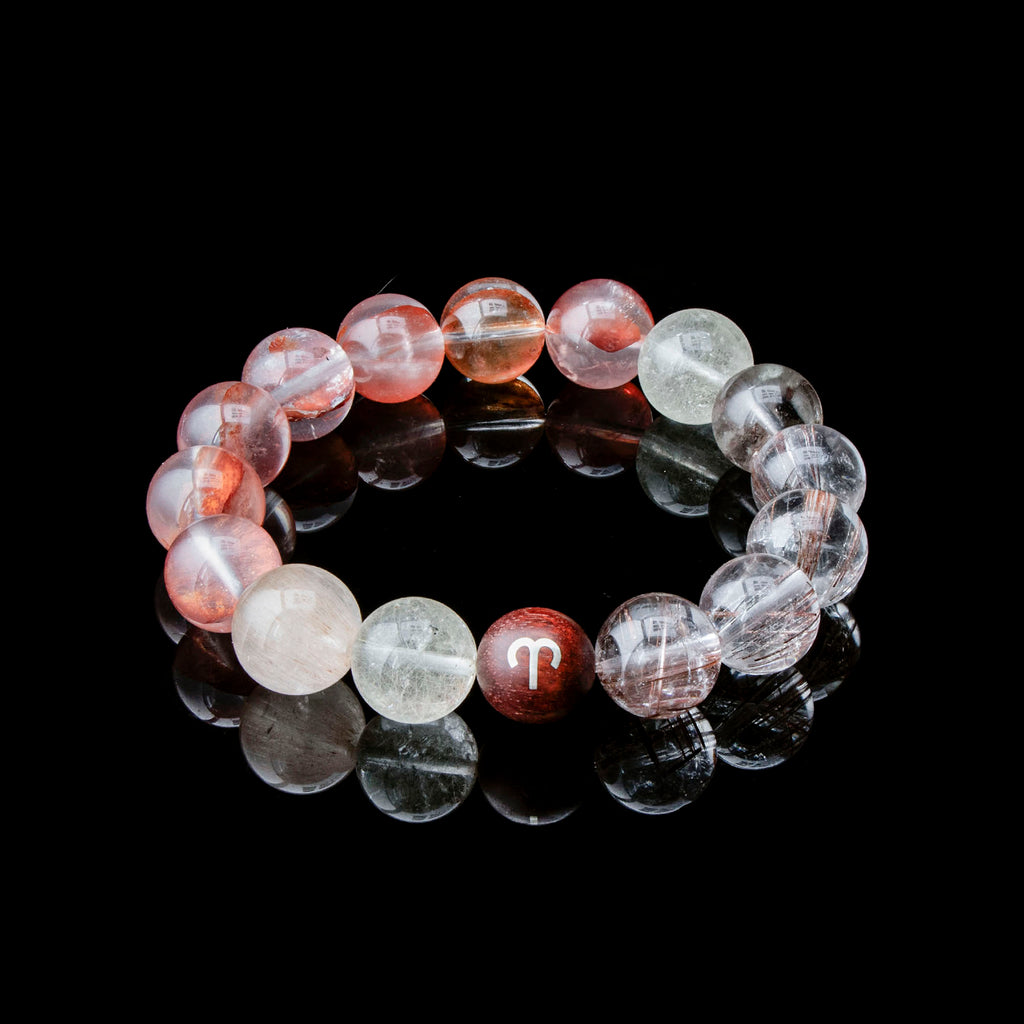 Auralyn Aries Flame Bloom Crystal Bracelet, 13–14mm Red Flower Agate, Red & Venus Rutilated Quartz, Rabbit Hair Quartz, Sterling Silver Aries Bead, Handmade Zodiac Energy Jewelry