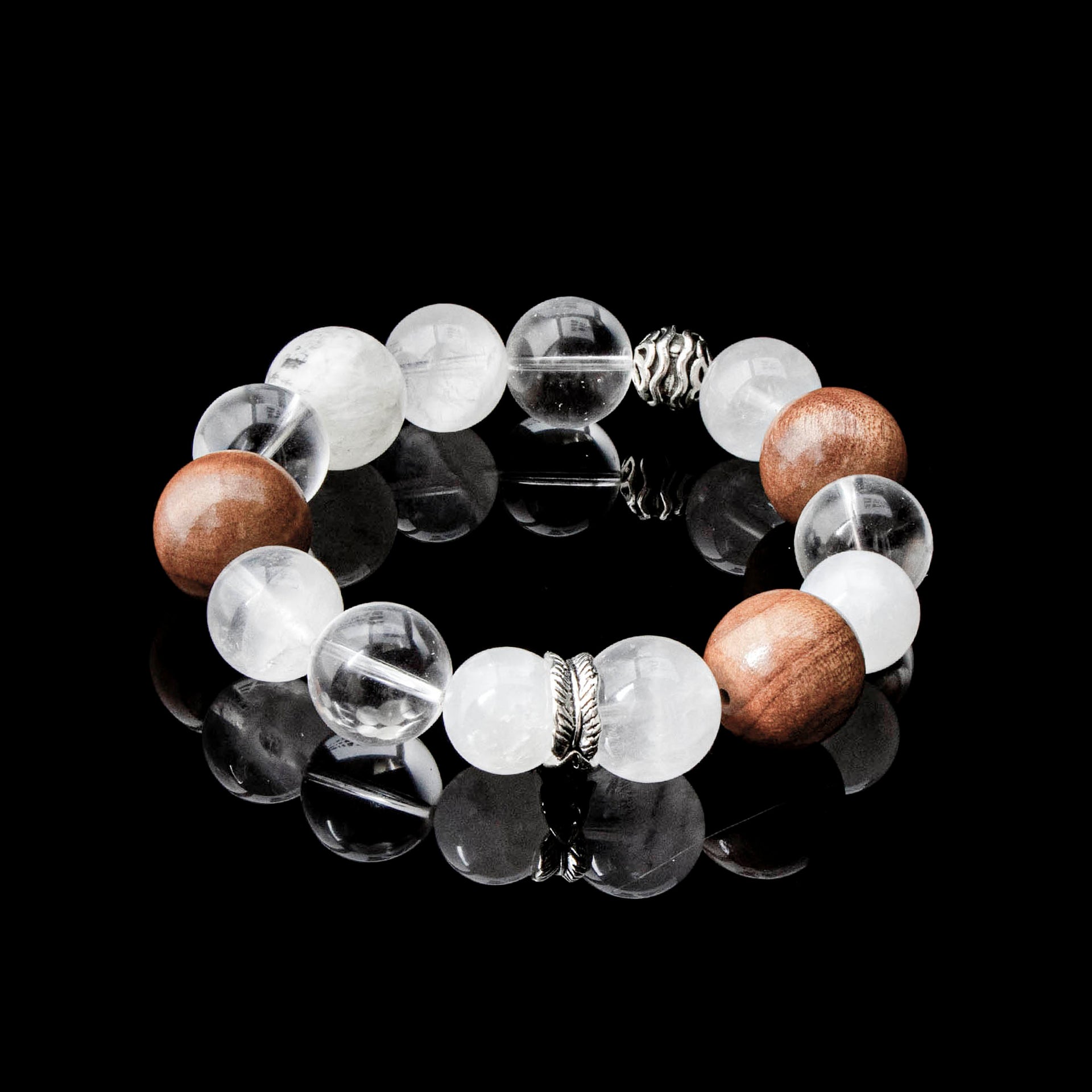 Auralyn Custom Feathered Clarity White Phantom & Clear Quartz Bracelet, 13–14mm Quartz with 15–16mm Golden Phoebe Wood, Tibetan-Silver Feather Spacer & Rings, Handmade Energy Jewelry for Renewal, Clarity & Grounding