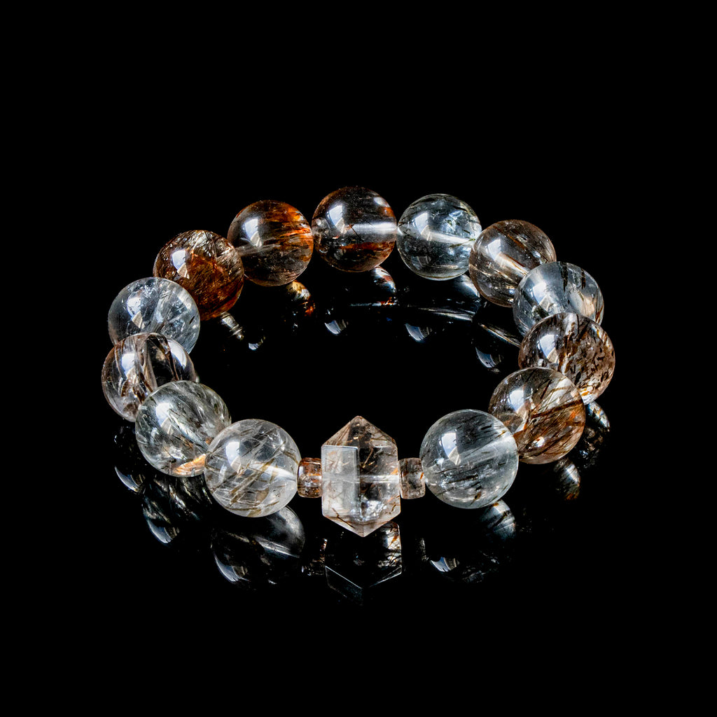 Auralyn Tarot The Magician Black-Gold Super Seven Crystal Bracelet, 13–14mm Super Seven with Tourmaline Rutilated Quartz & Raw Irregular Super Seven Accent, Natural Minerals, Handmade Energy Jewelry