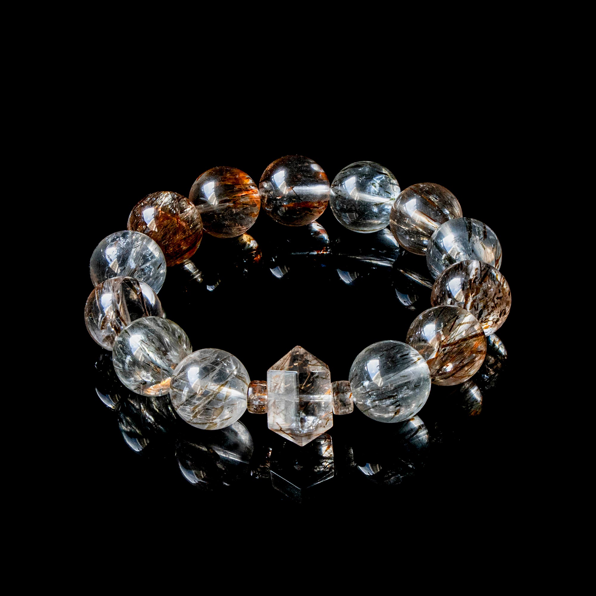 Auralyn Tarot The Magician Black-Gold Super Seven Crystal Bracelet, 13–14mm Super Seven with Tourmaline Rutilated Quartz & Raw Irregular Super Seven Accent, Natural Minerals, Handmade Energy Jewelry