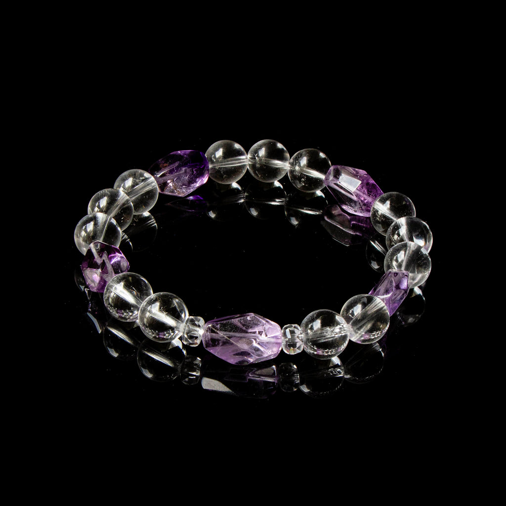 Auralyn Tarot High Priestess Amethyst Crystal Bracelet, 10mm Clear Quartz Beads with Irregular Amethyst, Handmade Tarot Energy Jewelry for Intuition, Calm & Clarity