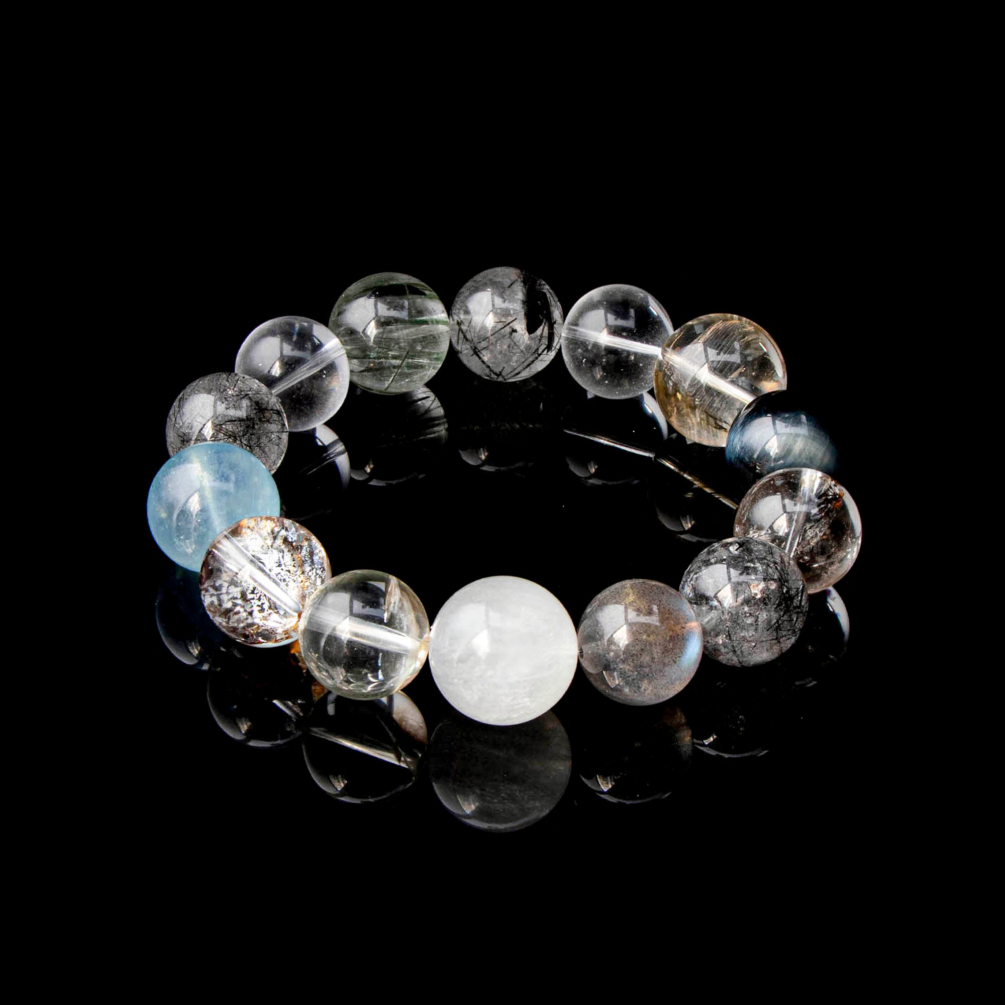 Auralyn Tarot The Chariot Growth & Flow Crystal Bracelet, 13–15mm Green & Black Rutilated Quartz with Clear Quartz, Gold-Foil Flower Agate, White Phantom, Aquamarine & Blue Tiger Eye, Handmade