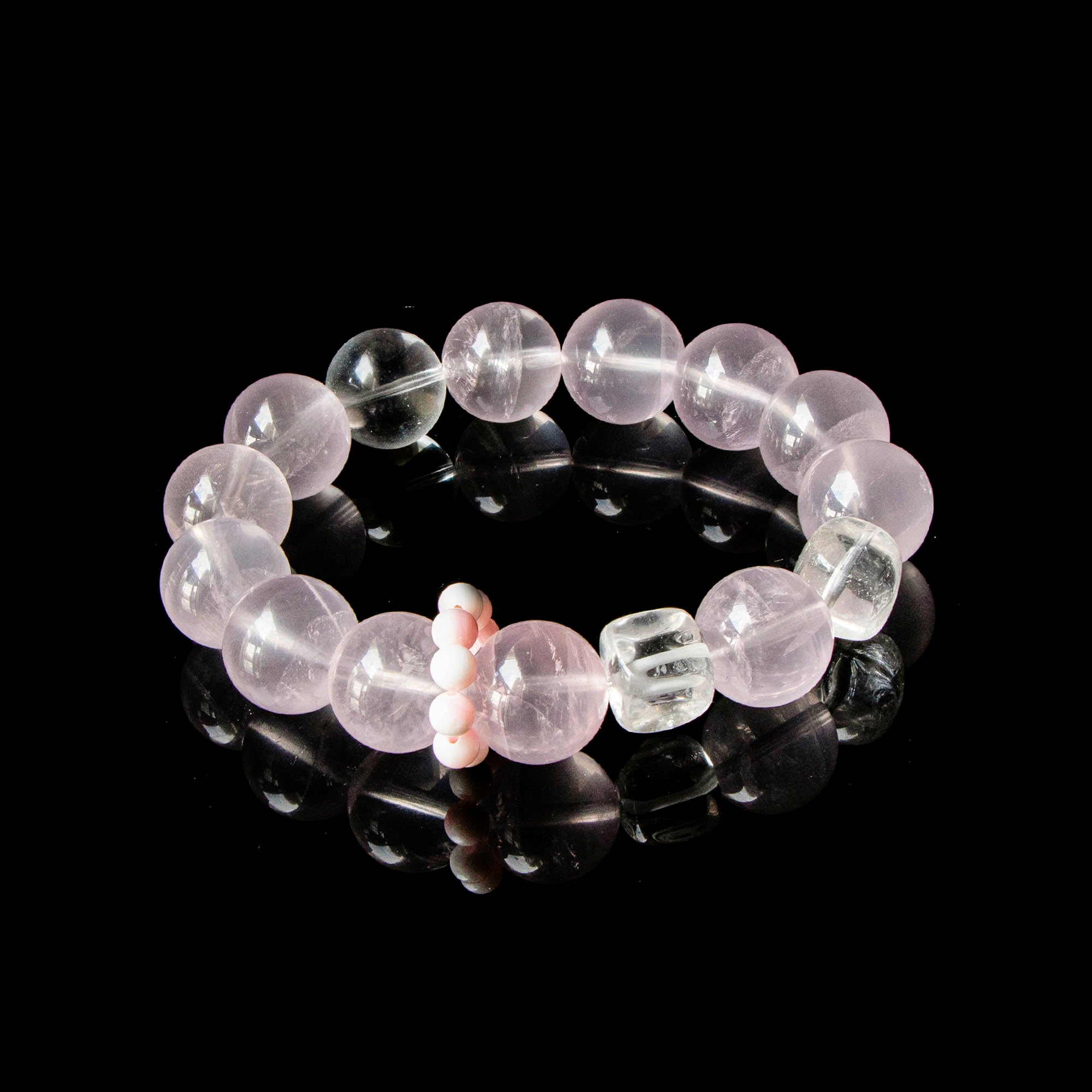 Auralyn Tarot The Lovers Rose Quartz Crystal Bracelet, 13mm Rose Quartz with 12mm Clear Quartz & 2 Irregular “Sugar Cube” Clear Quartz, Pink Agate Runner Ring, Handmade Energy Jewelry for Love & Self-Care