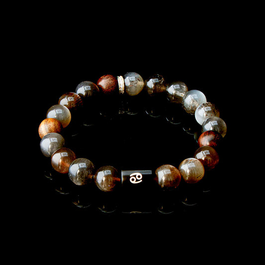 Auralyn Cancer Night-Tide Guardian Zodiac Bracelet, 10–12mm Black Tourmalinated “Backbone” Quartz & Rosewood with Gold-Plated Spacers and Ebony Bead w/ Sterling-Silver Cancer Inlay, Handmade Protective Jewelry Amazon-Style 5 Bullet Points