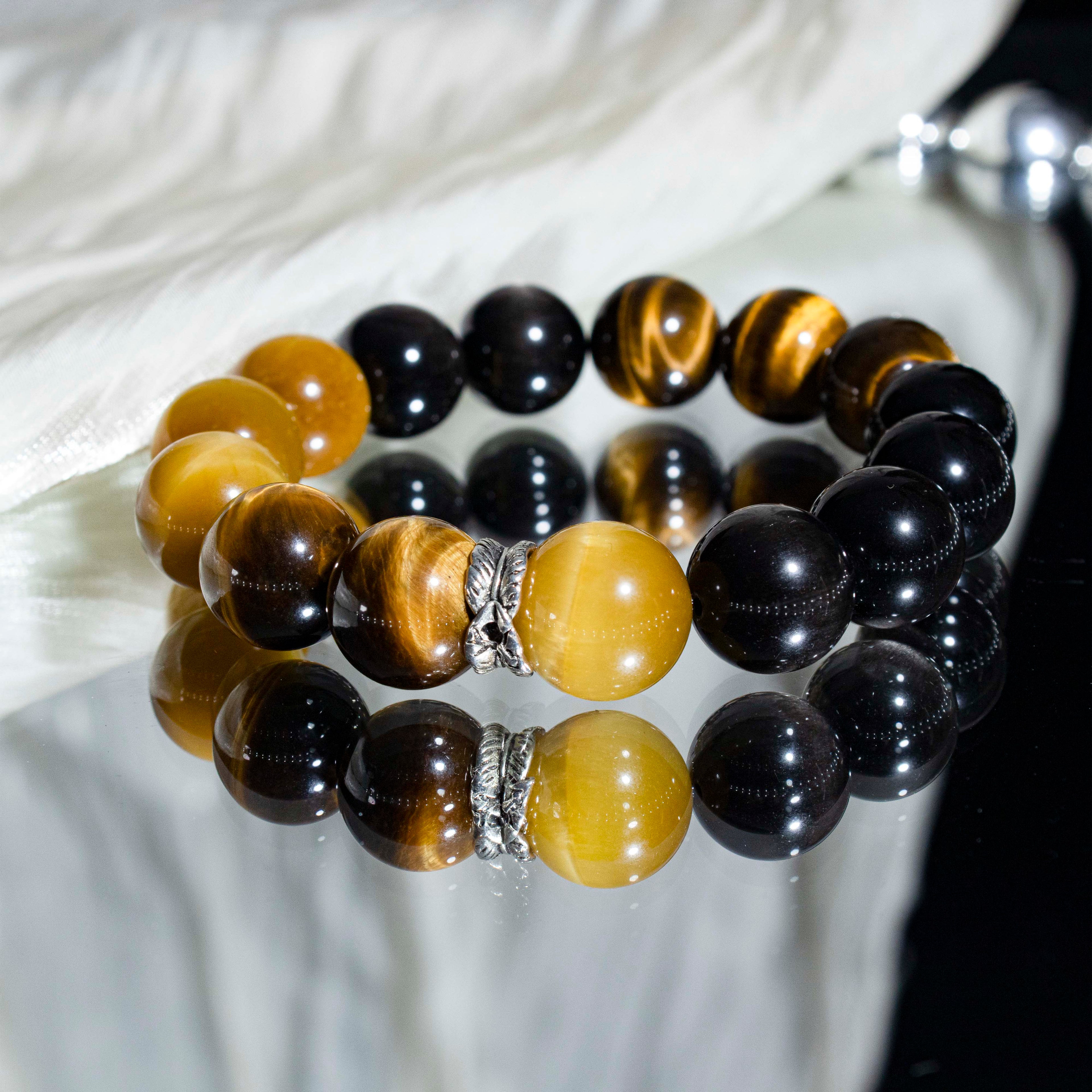 Celestial Guardian Bracelet – Tiger’s Eye & Silver Obsidian with Tibetan Silver Rings | Protective Energy Gift
