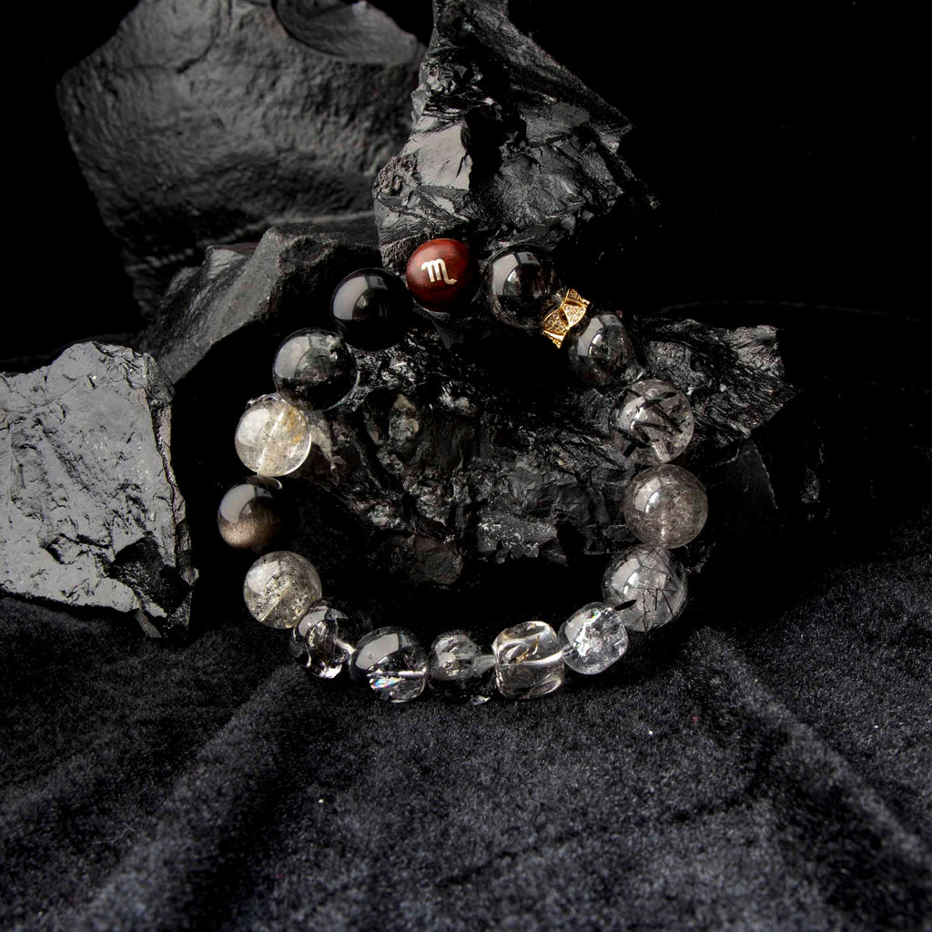 Auralyn Virgo Precision Shield Crystal Bracelet, 13–14mm Silver Obsidian, Black Labradorite, Herkimer Diamond & Black Rutilated Quartz with Gold-Plated Spacers and Sterling Silver Virgo Inlaid Bead, Handmade Zodiac Energy Jewelry
