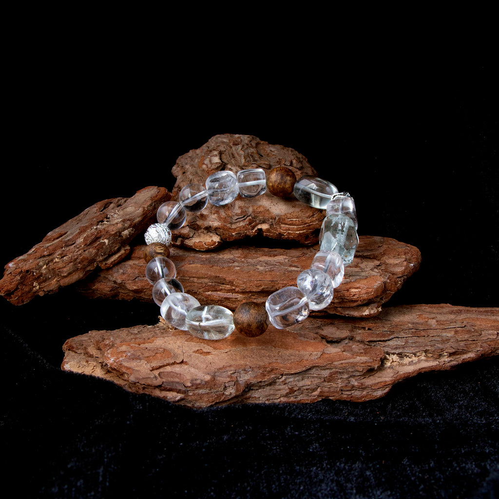 Auralyn Tarot The Star Clear & Green Quartz Crystal Bracelet, 12–13mm Clear Quartz with Oval Green Quartz, Irregular Green Phantom & Herkimer-Style Cube, Agarwood Bead, Tibetan Silver & Silver-Plated Accents, Handmade