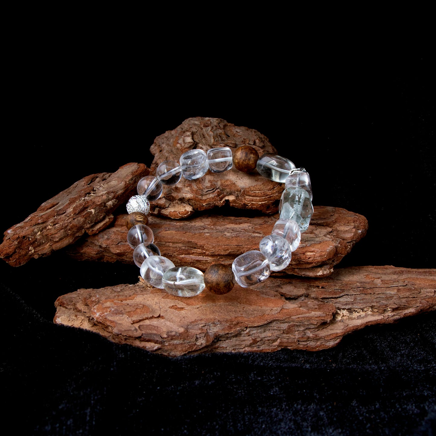 Auralyn Tarot The Star Clear & Green Quartz Crystal Bracelet, 12–13mm Clear Quartz with Oval Green Quartz, Irregular Green Phantom & Herkimer-Style Cube, Agarwood Bead, Tibetan Silver & Silver-Plated Accents, Handmade