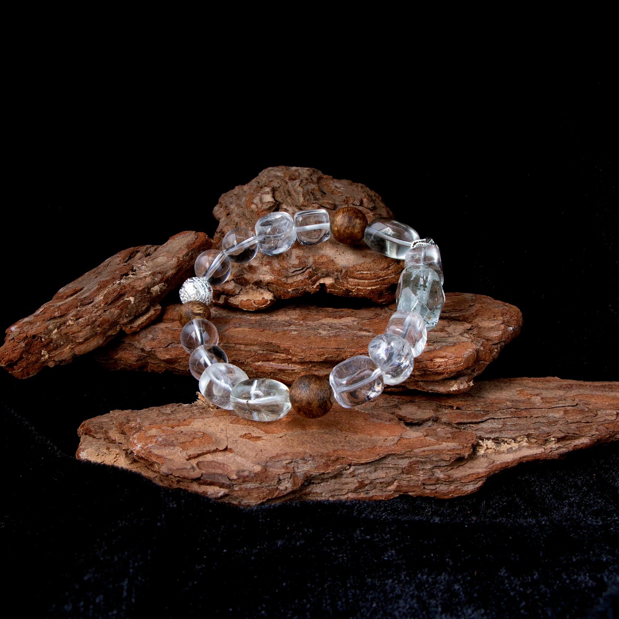 Auralyn Tarot The Star Clear & Green Quartz Crystal Bracelet, 12–13mm Clear Quartz with Oval Green Quartz, Irregular Green Phantom & Herkimer-Style Cube, Agarwood Bead, Tibetan Silver & Silver-Plated Accents, Handmade