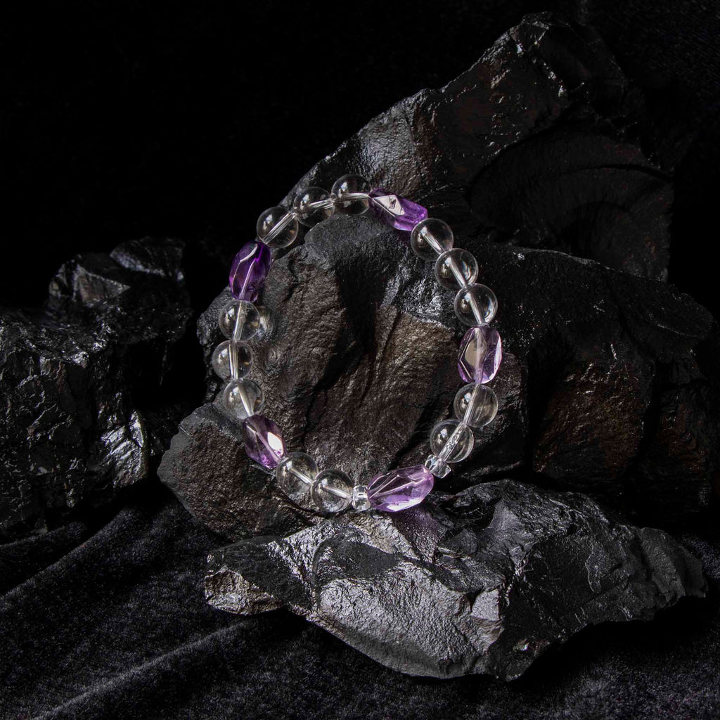 Auralyn Tarot High Priestess Amethyst Crystal Bracelet, 10mm Clear Quartz Beads with Irregular Amethyst, Handmade Tarot Energy Jewelry for Intuition, Calm & Clarity