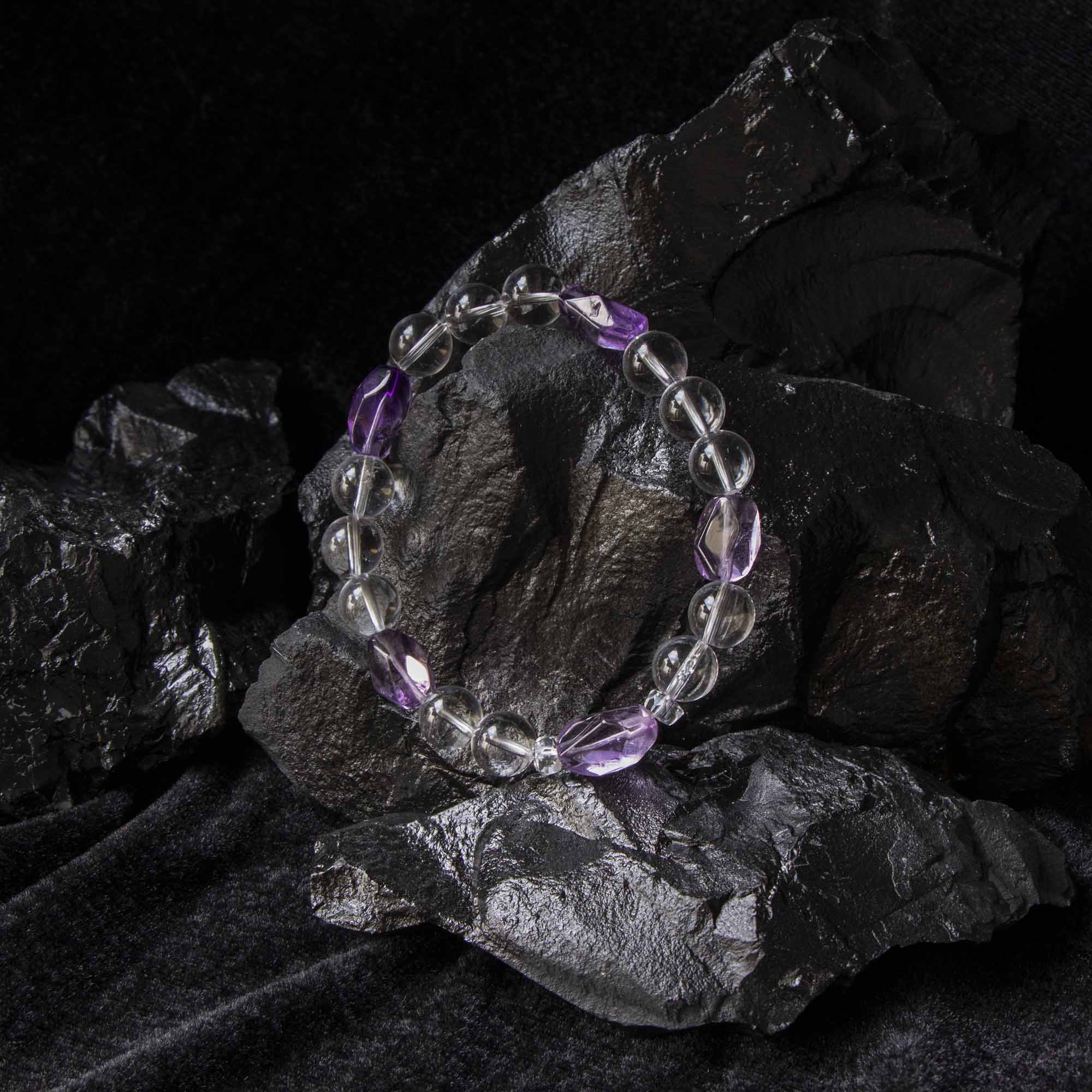 Auralyn Tarot High Priestess Amethyst Crystal Bracelet, 10mm Clear Quartz Beads with Irregular Amethyst, Handmade Tarot Energy Jewelry for Intuition, Calm & Clarity