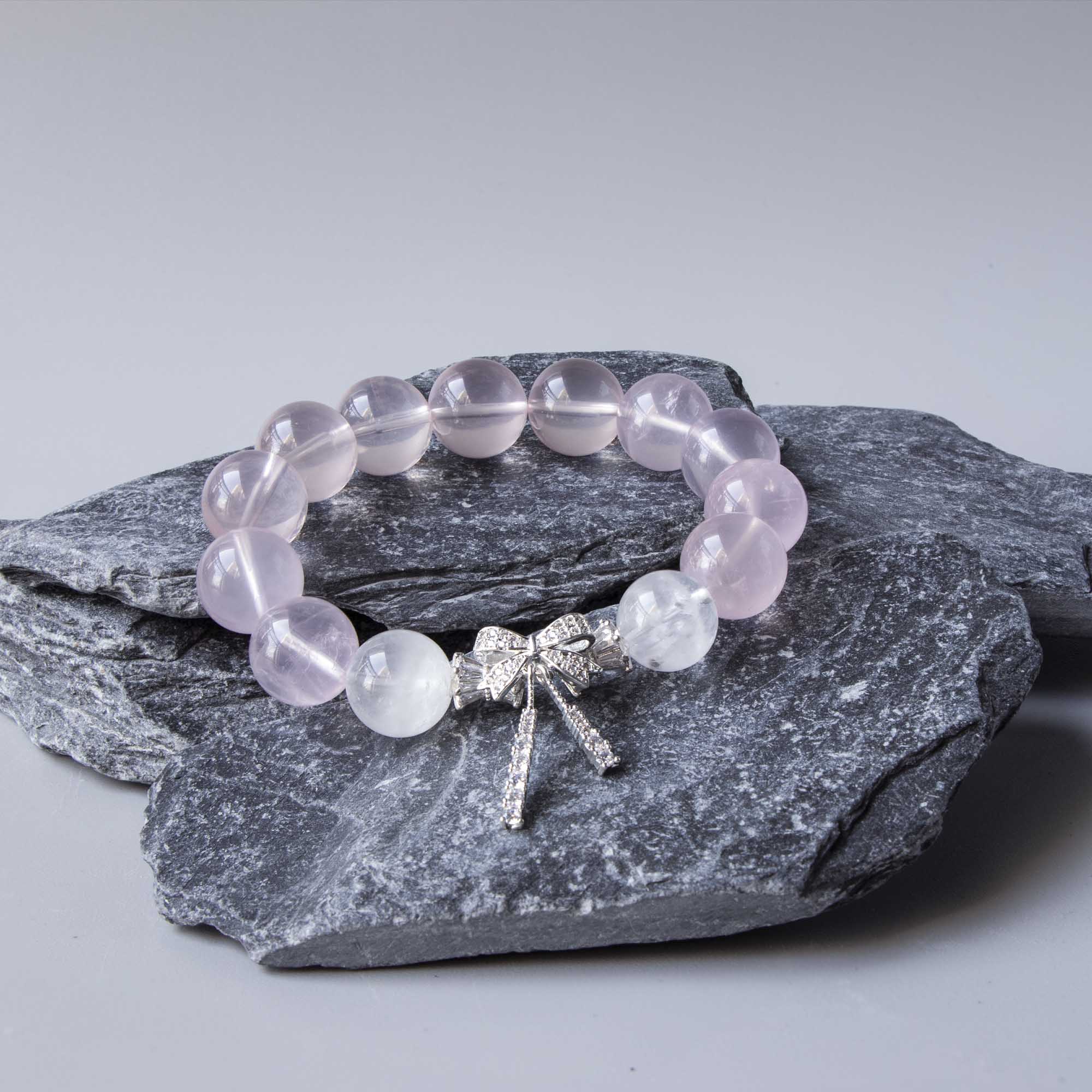 Auralyn Fluttering Bloom Rose Quartz & White Phantom Crystal Bracelet with Silver Butterfly Charm, 13–14mm Feminine Handmade Jewelry for Love, Healing & Daily Outfits