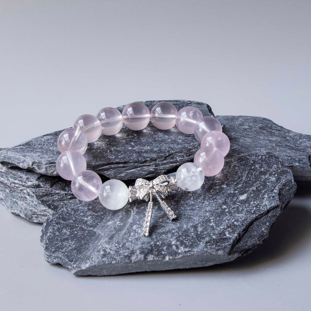 Auralyn Fluttering Bloom Rose Quartz & White Phantom Crystal Bracelet with Silver Butterfly Charm, 13–14mm Feminine Handmade Jewelry for Love, Healing & Daily Outfits
