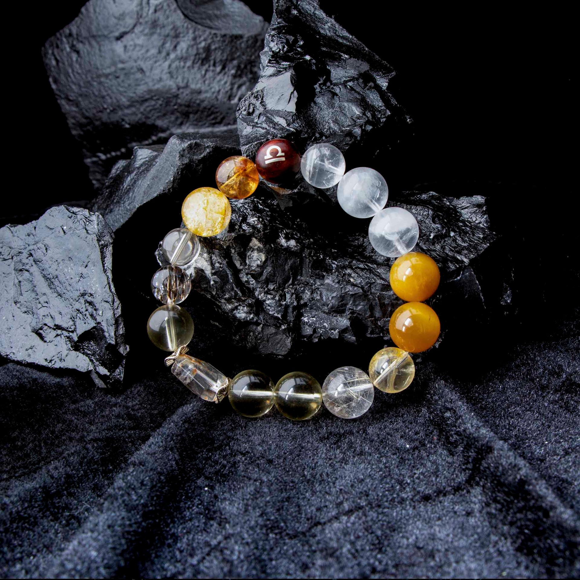 Auralyn Libra Golden Balance Super Seven Crystal Bracelet, 13–14mm Super Seven with Citrine, Flower Agate (Golden/Orange), White Phantom Quartz & Tiger’s Eye, Raw Mineral Accent, Sterling-Silver Inlaid Libra Redwood Bead, Handmade