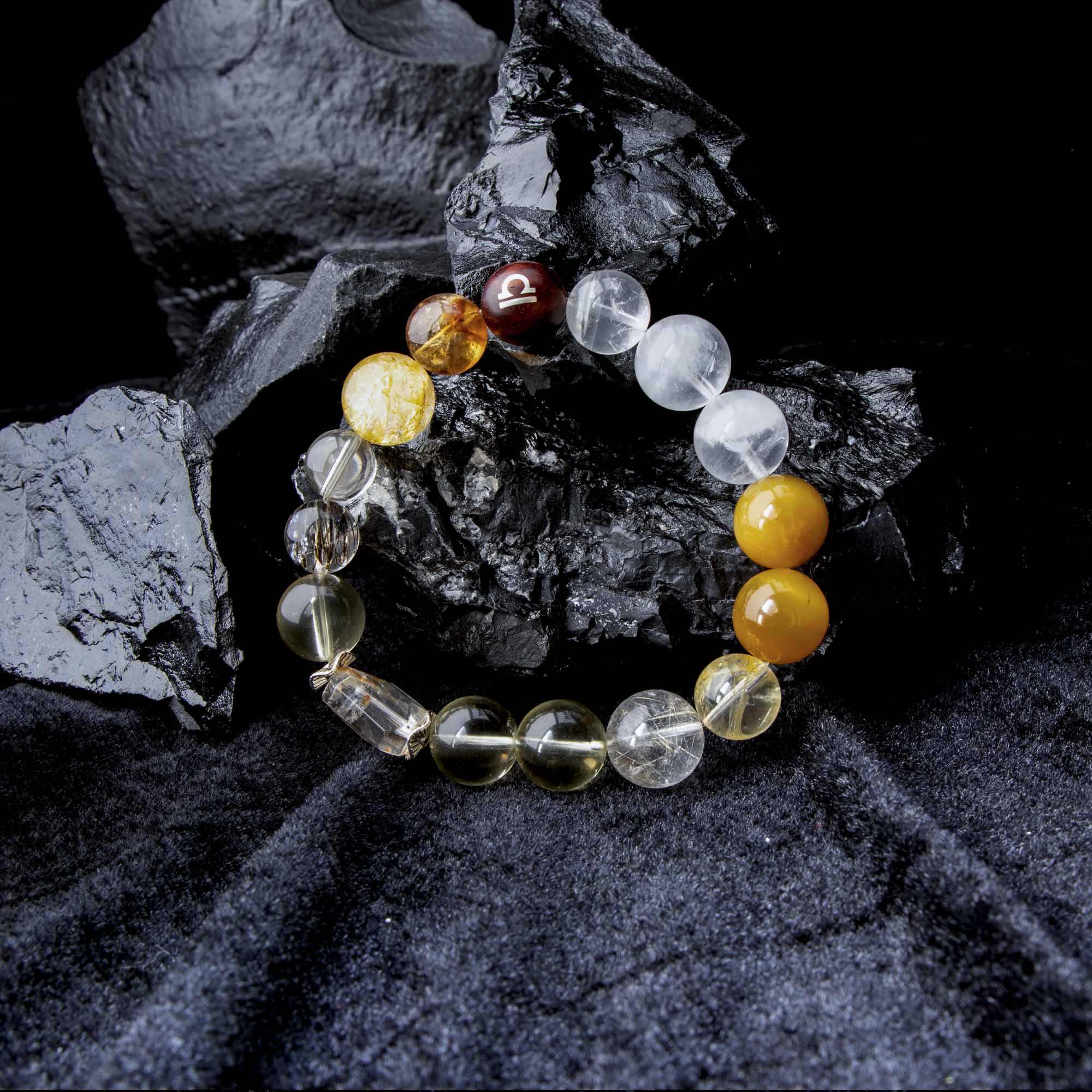 Auralyn Libra Golden Balance Super Seven Crystal Bracelet, 13–14mm Super Seven with Citrine, Flower Agate (Golden/Orange), White Phantom Quartz & Tiger’s Eye, Raw Mineral Accent, Sterling-Silver Inlaid Libra Redwood Bead, Handmade