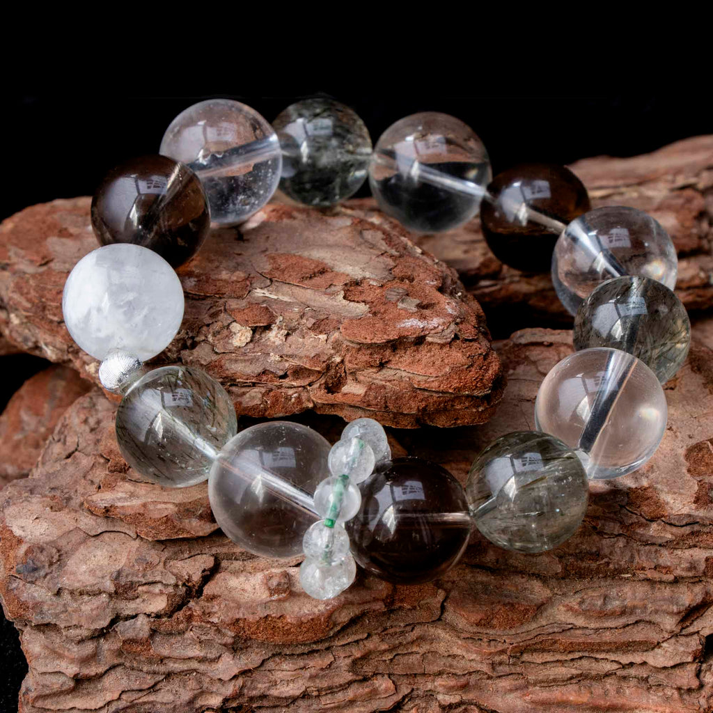 Auralyn Life Rhythm Clarity Momentum Crystal Bracelet, 14–16mm Tourmaline Rutilated Quartz with Clear Quartz, Smoky Quartz & White Phantom, Clear Quartz Runner Ring, Handmade Energy Jewelry