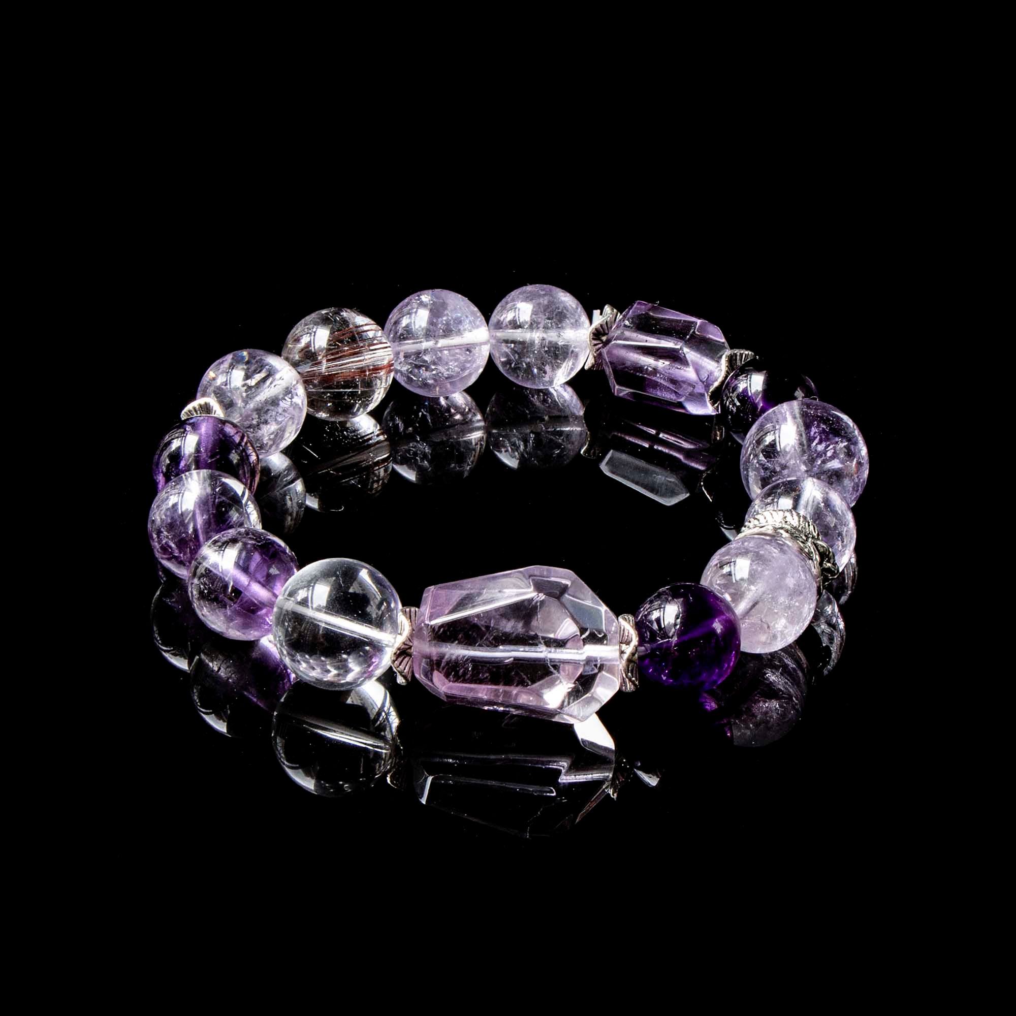 Auralyn Celestial Aura Amethyst Crystal Bracelet with Red Rutilated Quartz & Clear Quartz, 13–14mm Handmade Energy Beads, Tibetan Silver Accents, Emotional Healing & Spiritual Growth