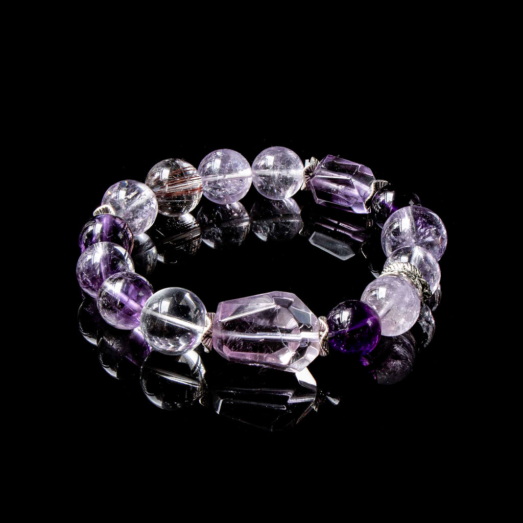 Auralyn Celestial Aura Amethyst Crystal Bracelet with Red Rutilated Quartz & Clear Quartz, 13–14mm Handmade Energy Beads, Tibetan Silver Accents, Emotional Healing & Spiritual Growth