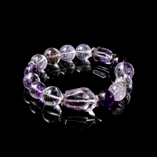 Auralyn Celestial Aura Amethyst Crystal Bracelet with Red Rutilated Quartz & Clear Quartz, 13–14mm Handmade Energy Beads, Tibetan Silver Accents, Emotional Healing & Spiritual Growth