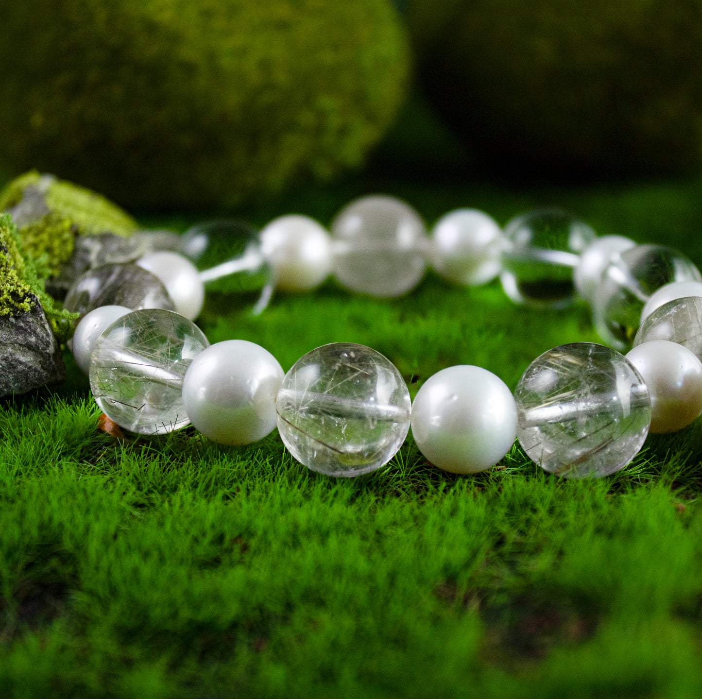 Auralyn Custom Silver Rutilated Quartz & Freshwater Pearl Bracelet, 13–14mm Rutile Quartz + 10mm Pearls, Handmade Energy Jewelry for Clarity & Elegant Glow