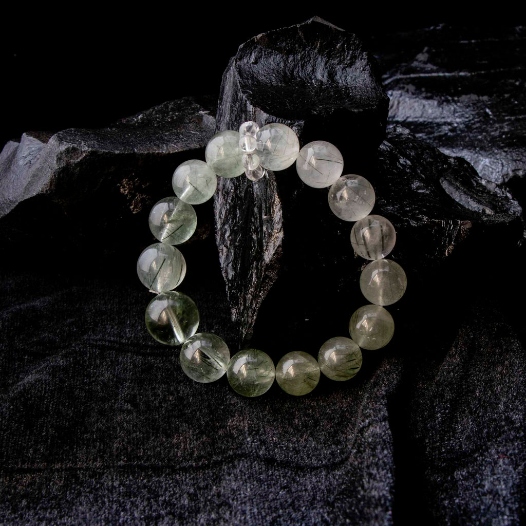 Auralyn Tarot Temperance Green Rutilated Quartz Bracelet, 13–14mm Dark & Light Green Rutilated Gradient with 16mm Green Quartz Center and Clear Quartz Runner Ring, Handmade Crystal Energy Jewelry for Balance & Growth
