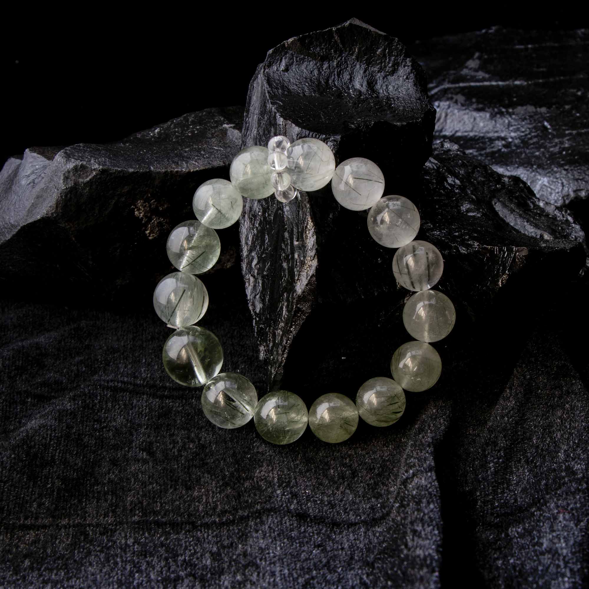 Auralyn Tarot Temperance Green Rutilated Quartz Bracelet, 13–14mm Dark & Light Green Rutilated Gradient with 16mm Green Quartz Center and Clear Quartz Runner Ring, Handmade Crystal Energy Jewelry for Balance & Growth
