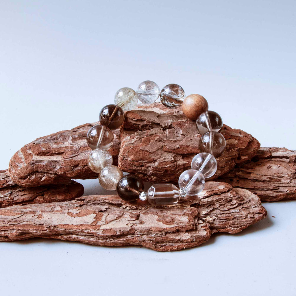 Auralyn Life Rhythm Smoky Quartz Crystal Bracelet, 13–14mm Smoky Quartz, Silver & Venus Rutilated Quartz with Clear Quartz and Wood Bead, Handmade Energy Jewelry